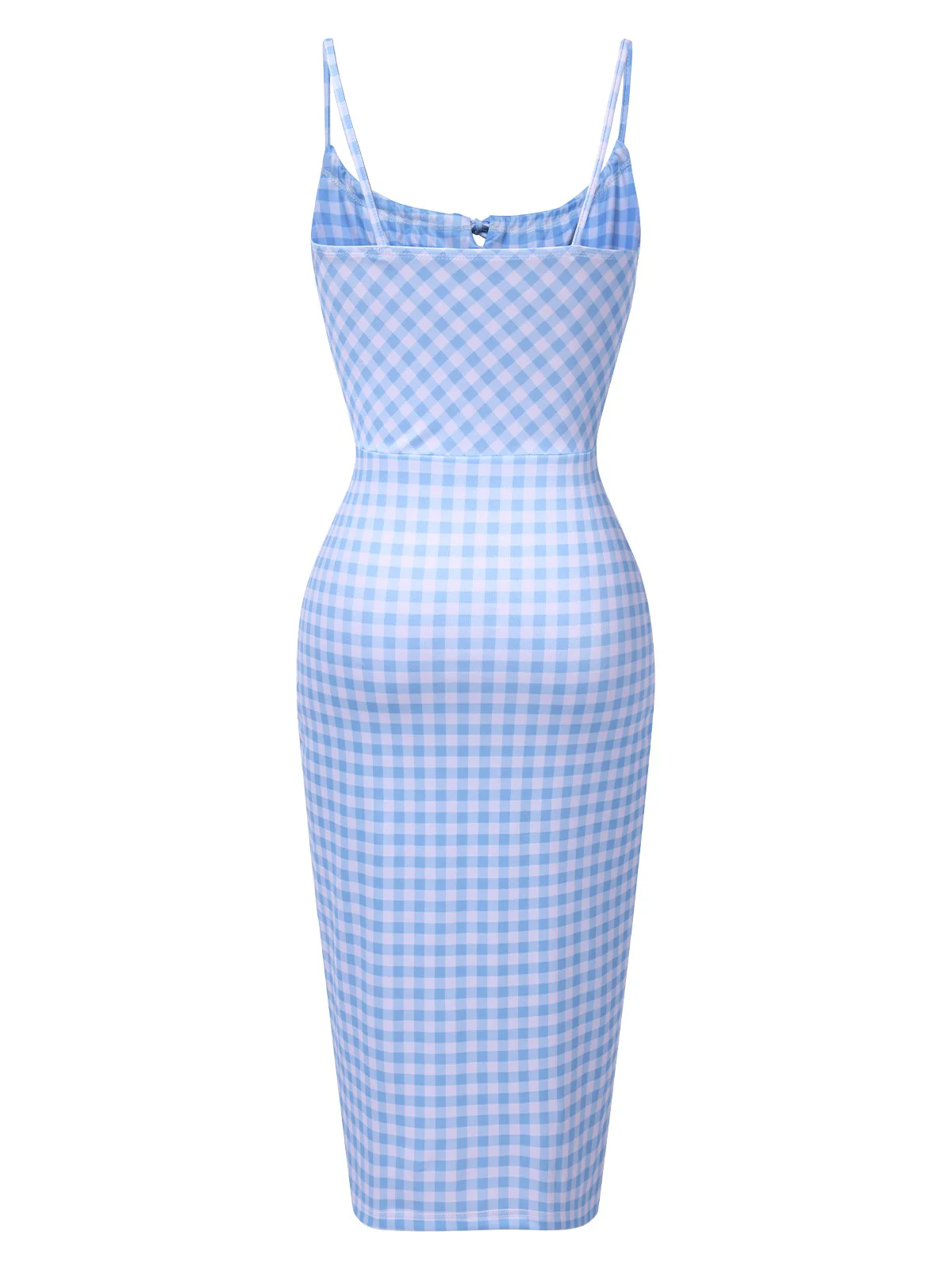 Blue 1960s Gingham Plaid Straps Pencil Dress - Image 2