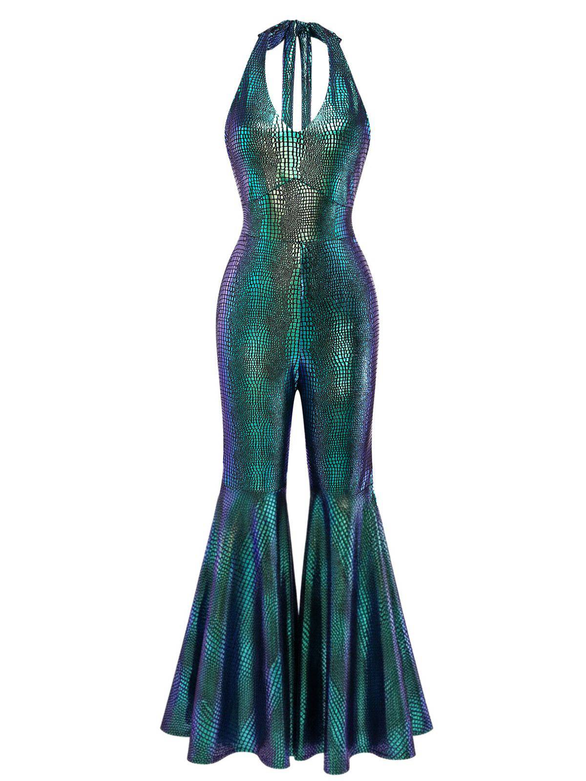 Blue 1960s Halter Metallic Iridescent Flared Jumpsuit - Image 2