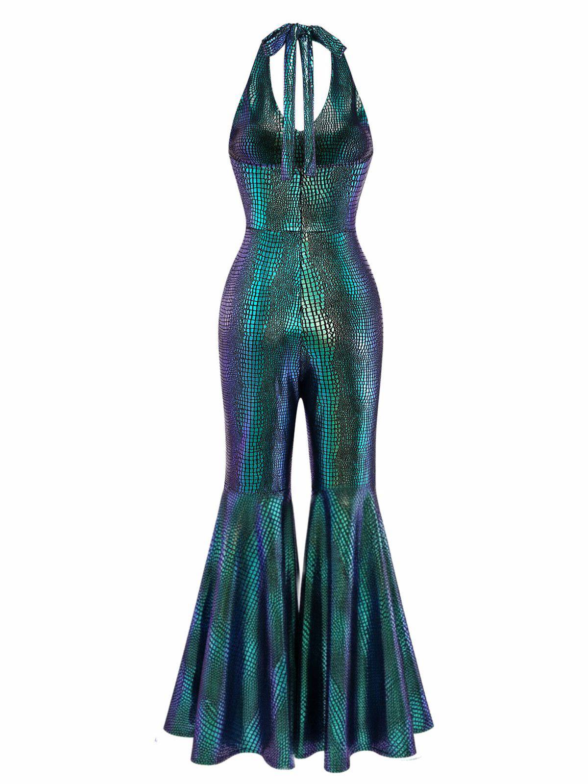 Blue 1960s Halter Metallic Iridescent Flared Jumpsuit - Image 3