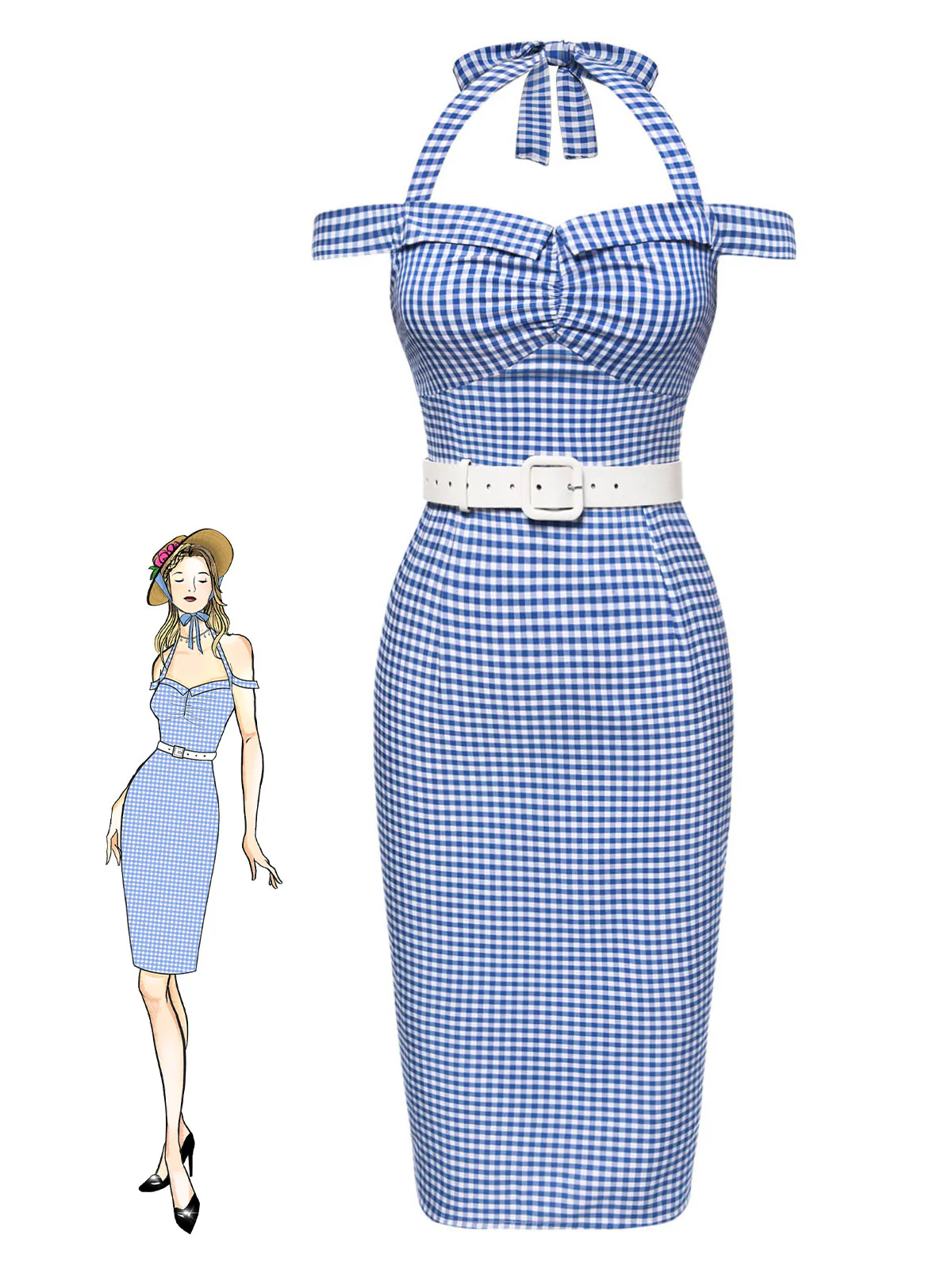 Blue 1960s Halter Off-Shoulder Plaid Pencil Dress - Image 4