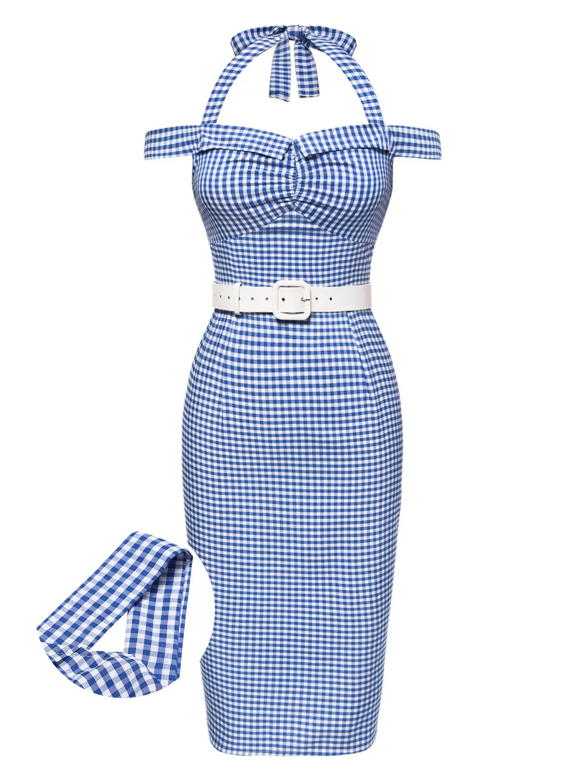 Blue 1960s Halter Off-Shoulder Plaid Pencil Dress - Image 5