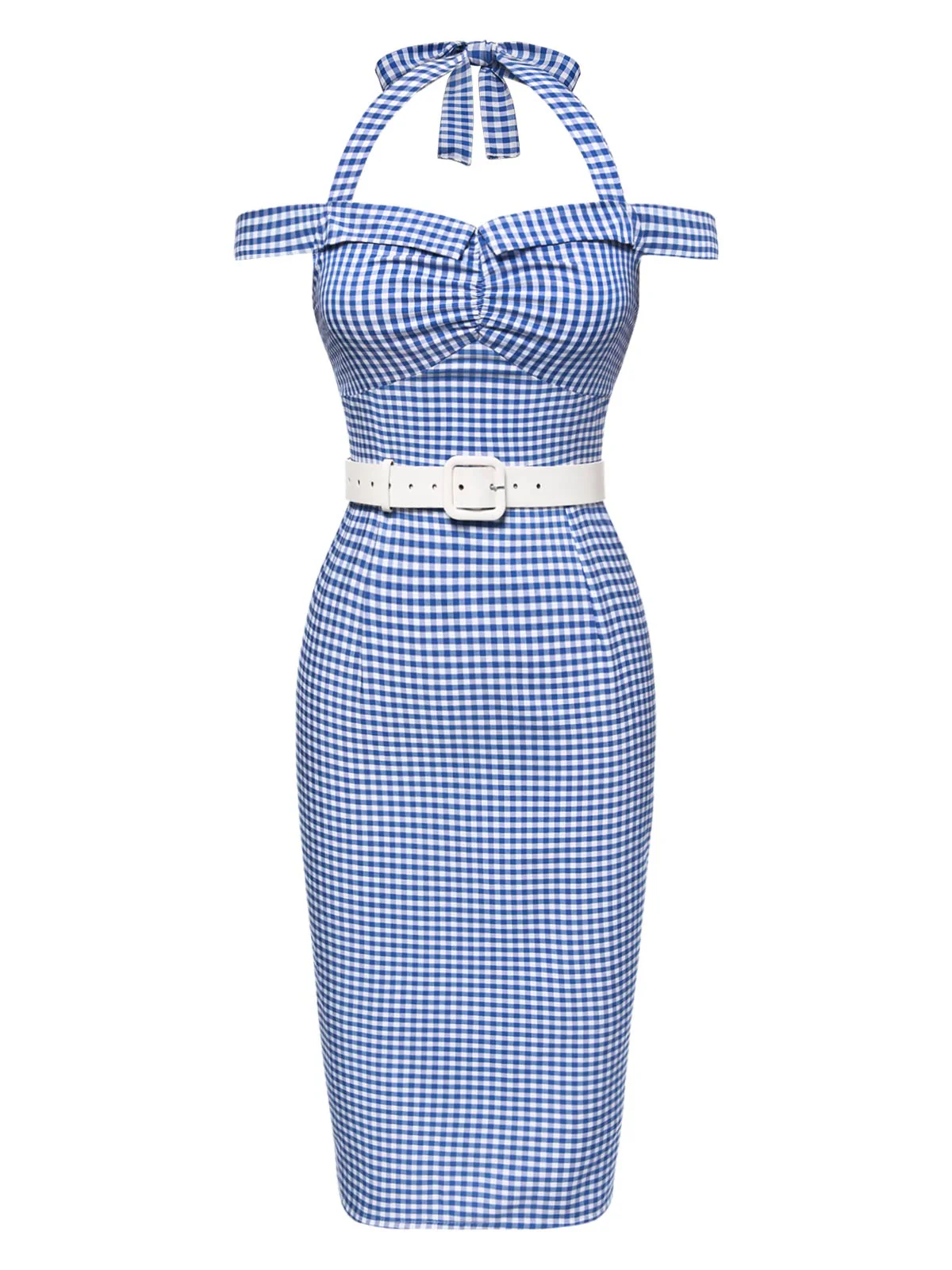 Blue 1960s Halter Off-Shoulder Plaid Pencil Dress - Image 6