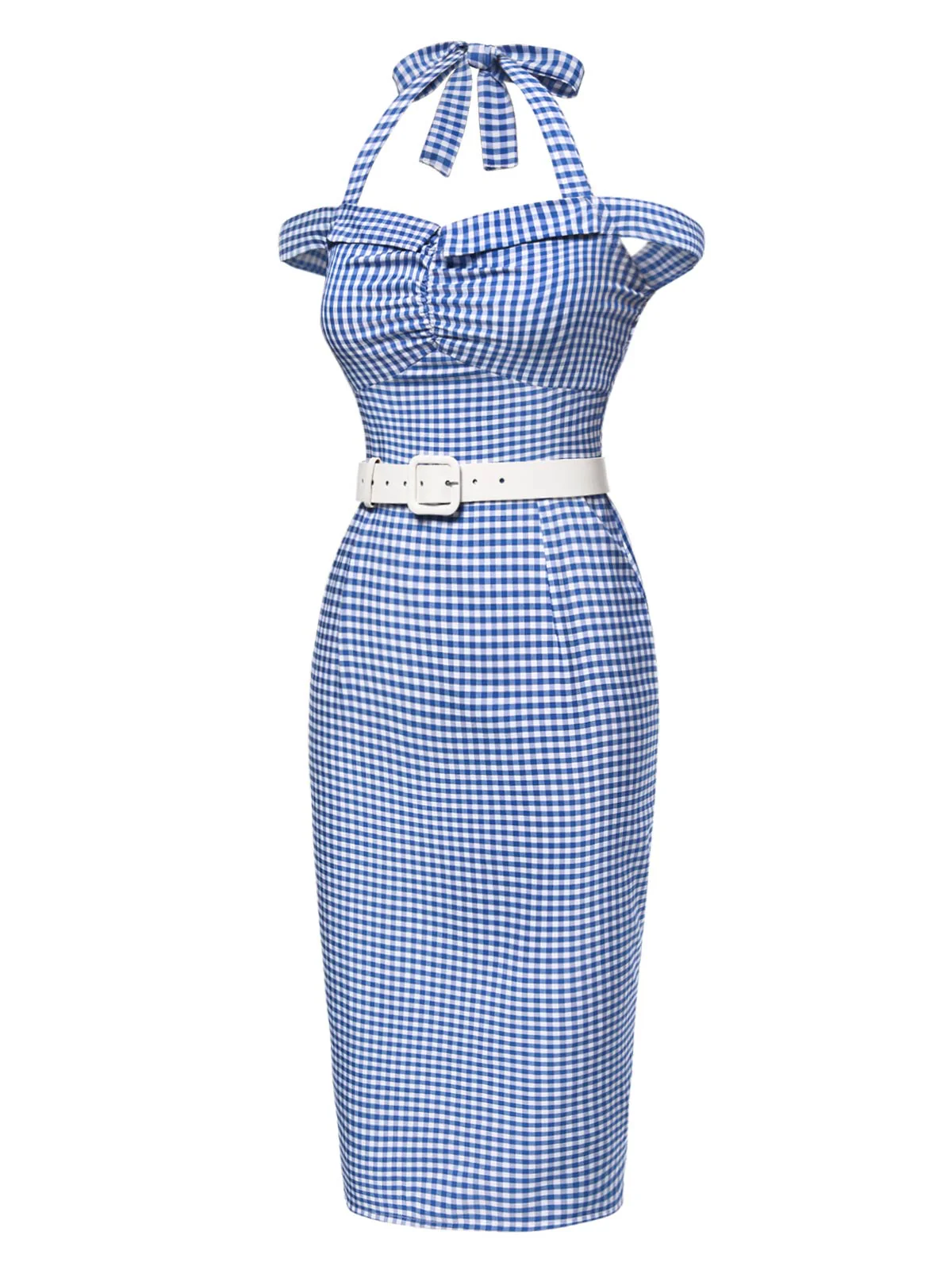 Blue 1960s Halter Off-Shoulder Plaid Pencil Dress - Image 7