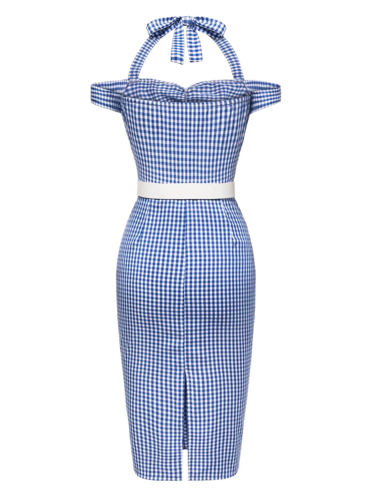 Blue 1960s Halter Off-Shoulder Plaid Pencil Dress - Image 8
