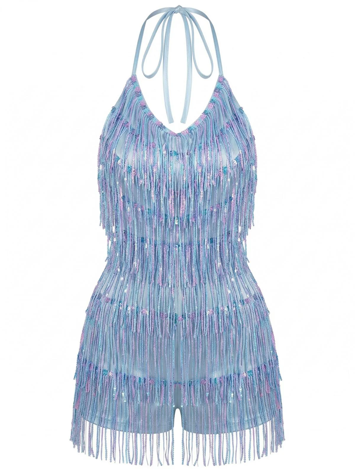 Blue 1960s Halter Sequins Tassel Romper - Image 2