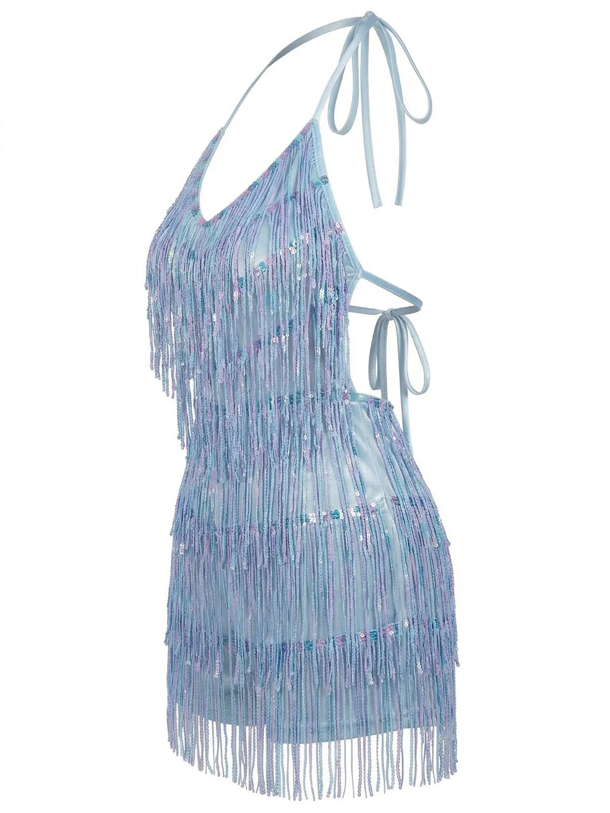 Blue 1960s Halter Sequins Tassel Romper - Image 3