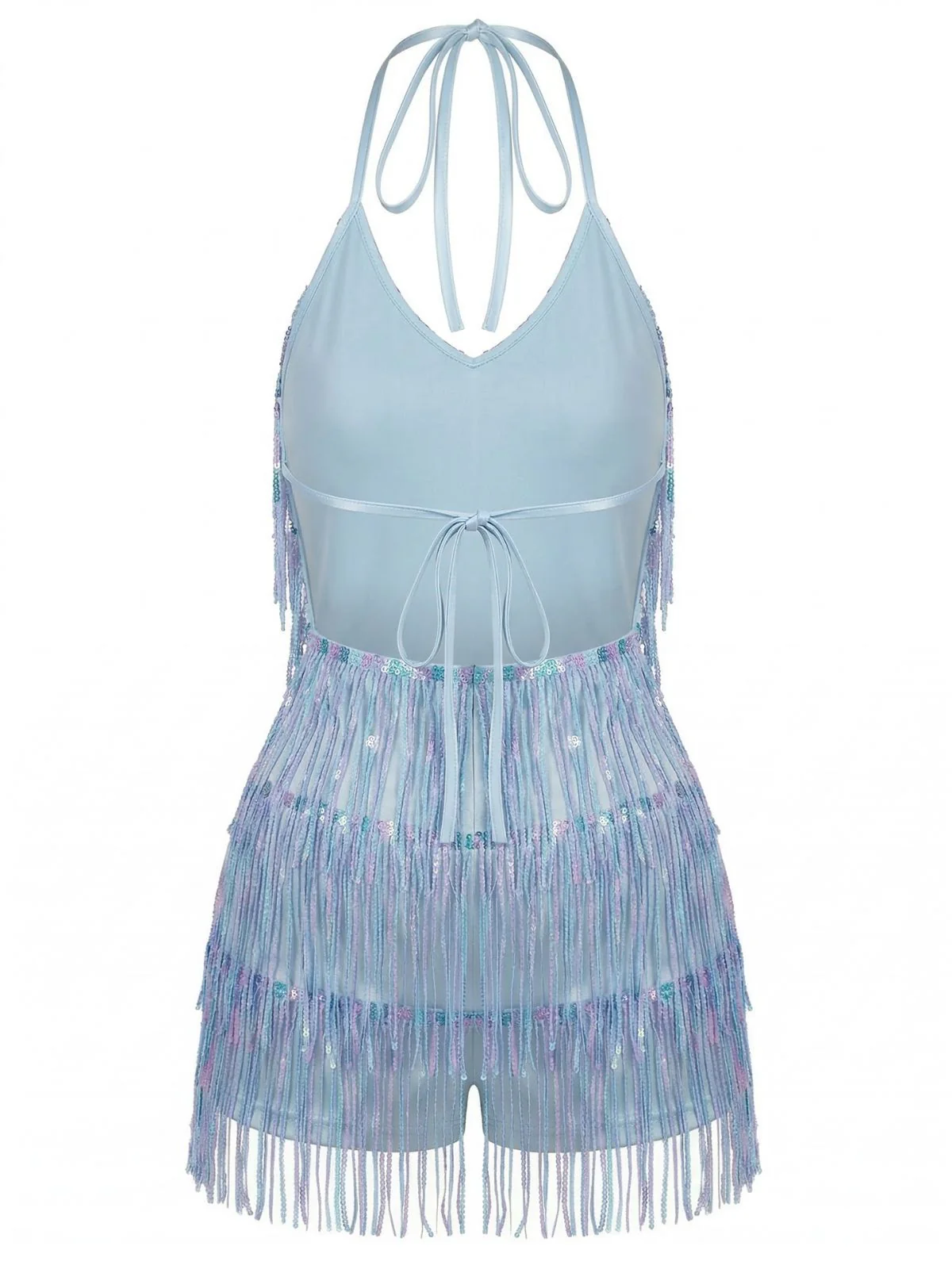 Blue 1960s Halter Sequins Tassel Romper - Image 4
