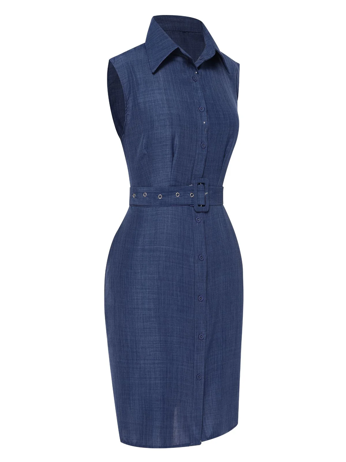 Blue 1960s Lapel Sleeveless Belted Dress - Image 2