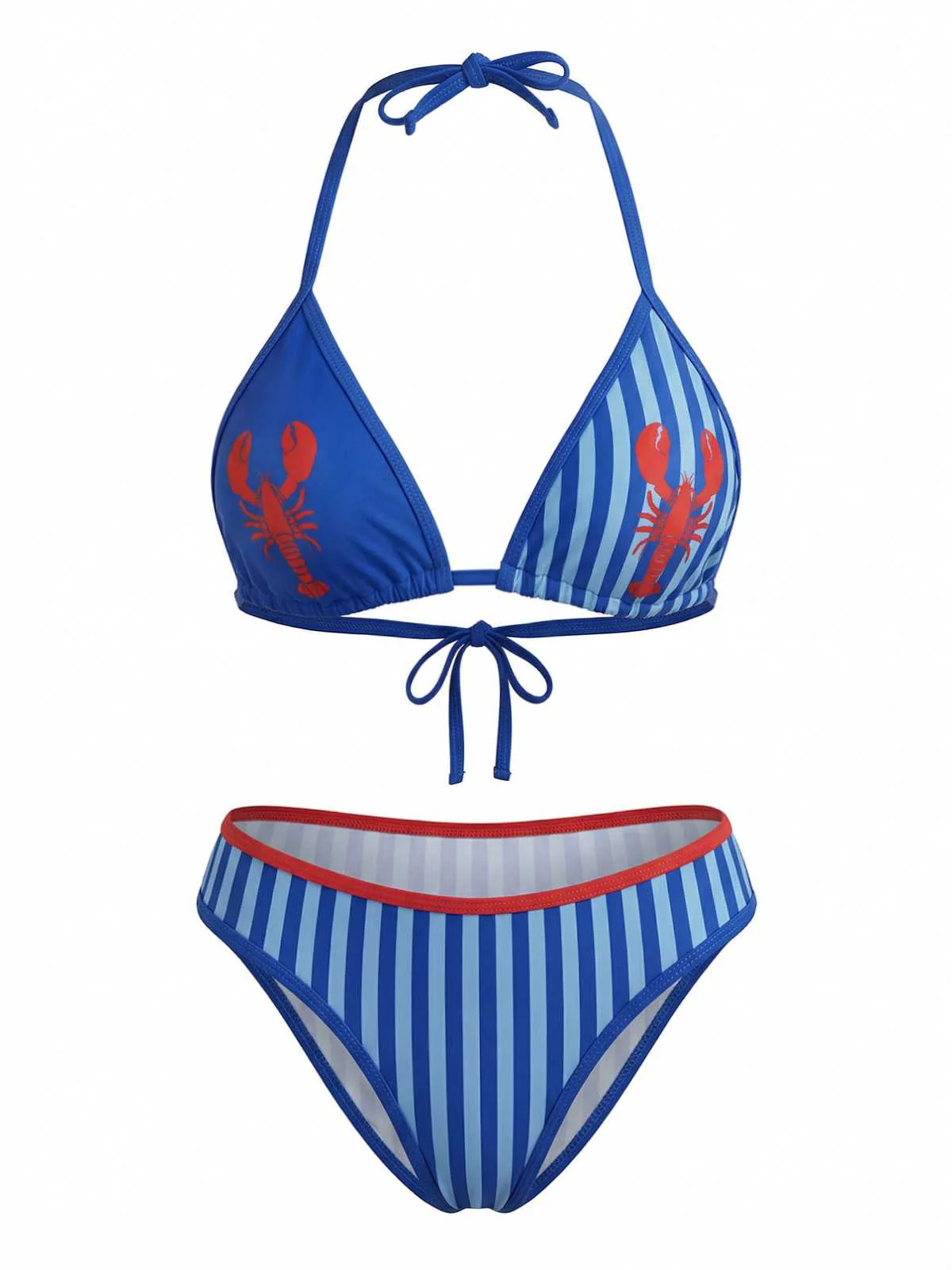 Blue 1960s Lobster Print Striped Triangle Bikini Set - Image 2