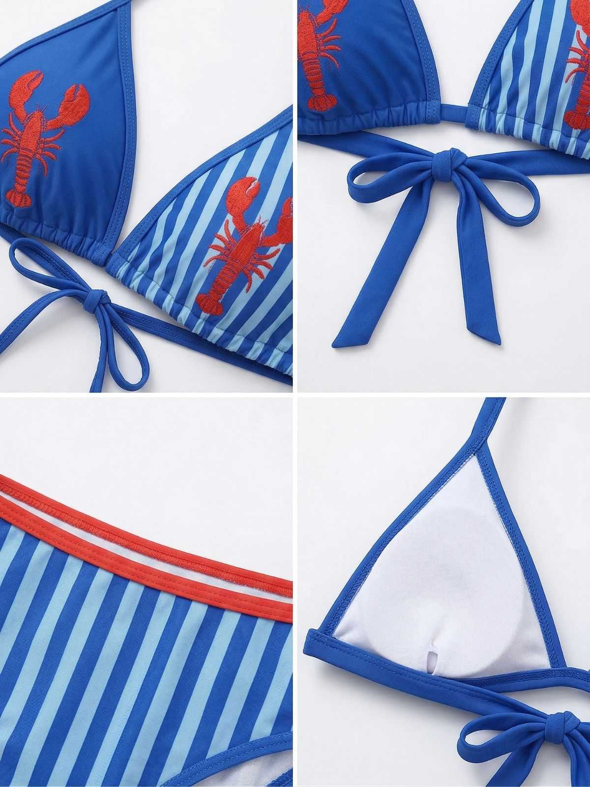 Blue 1960s Lobster Print Striped Triangle Bikini Set - Image 4