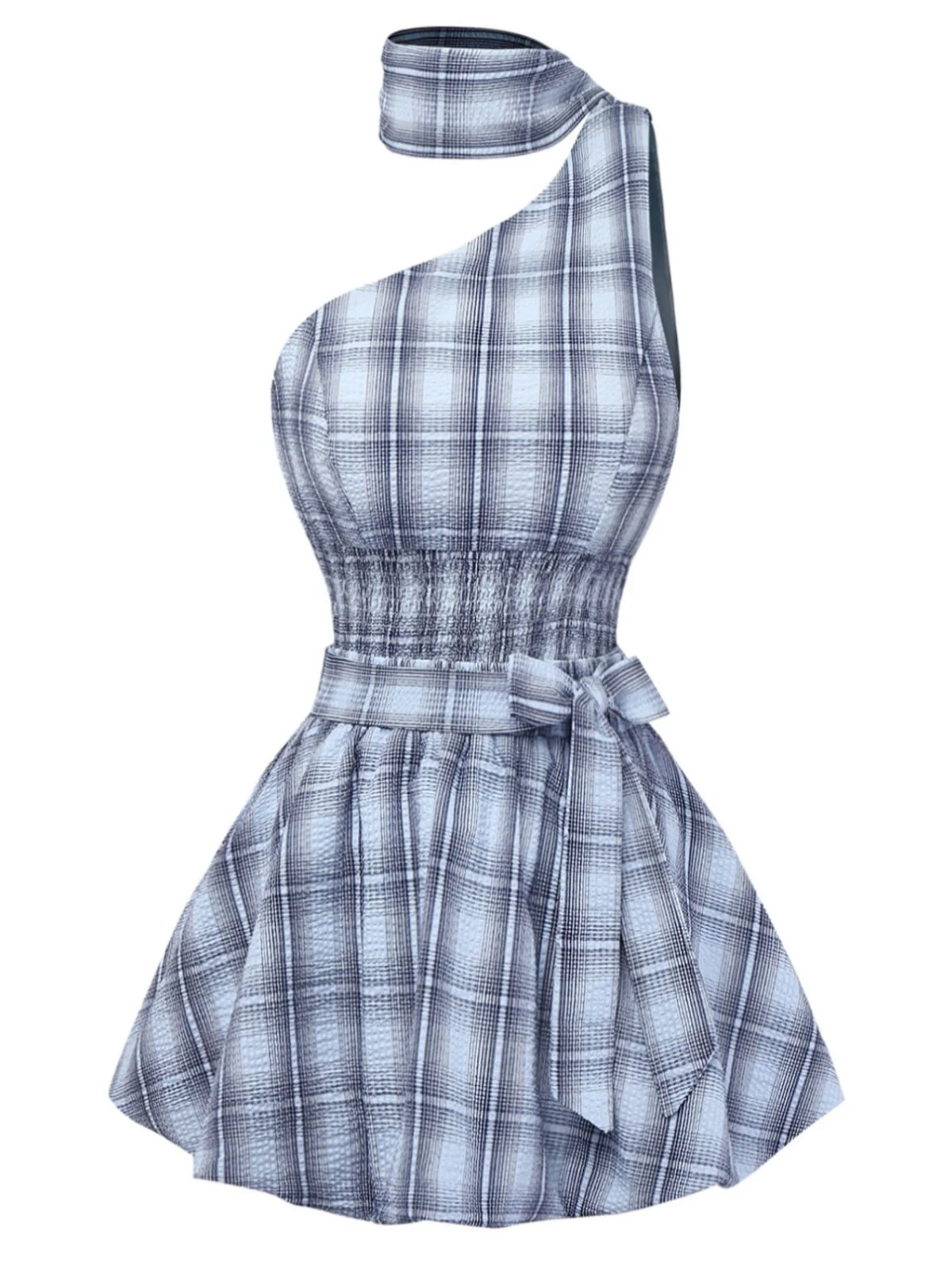 2pcs Blue 1960s One-Shoulder Plaid Top & Ruched Waist Skirt - Image 2