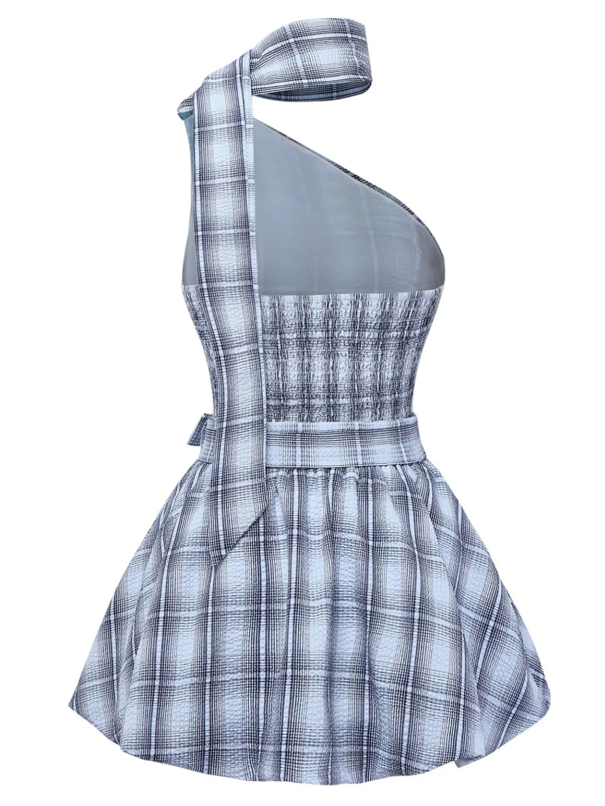 2pcs Blue 1960s One-Shoulder Plaid Top & Ruched Waist Skirt - Image 3