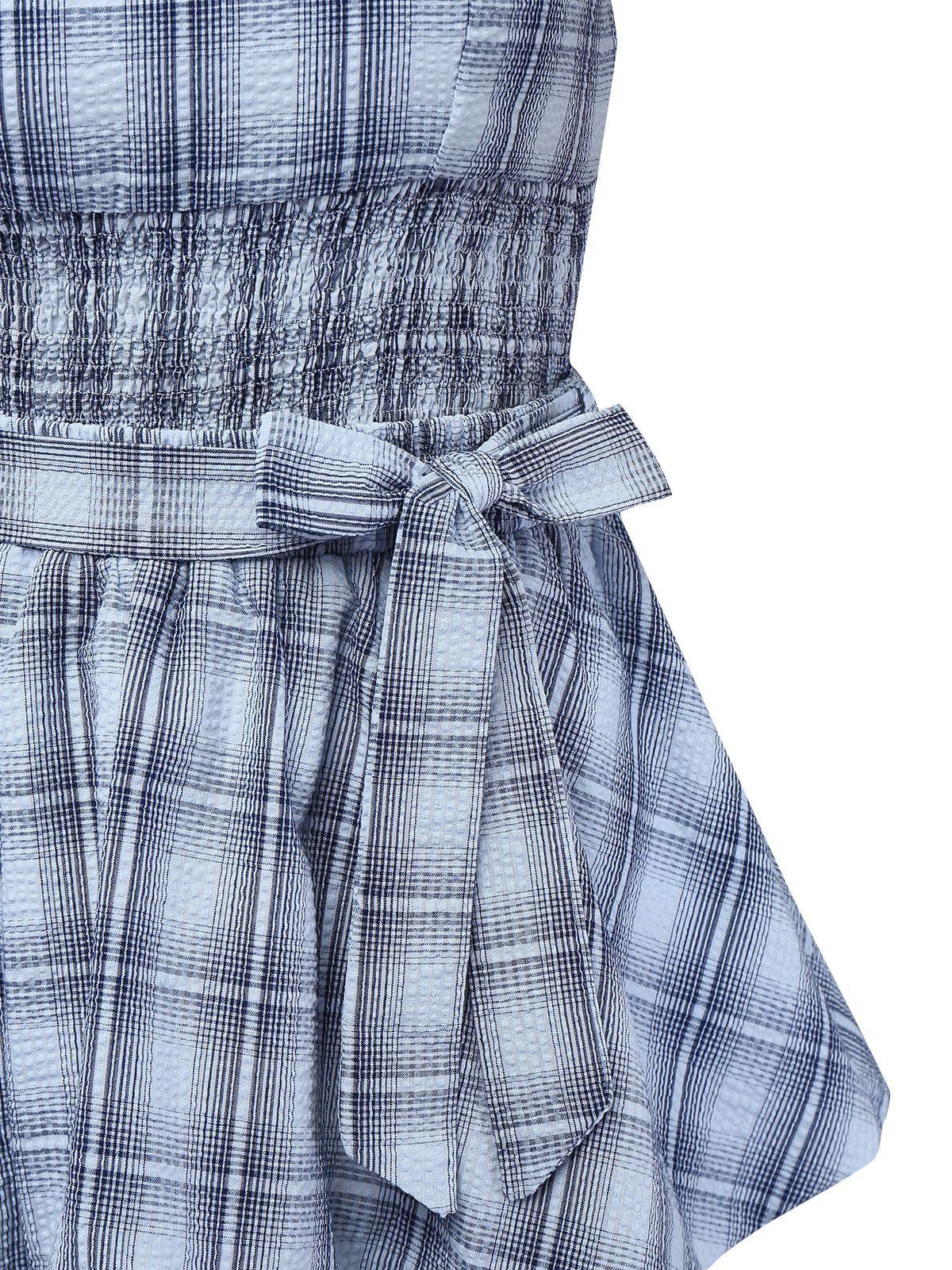 2pcs Blue 1960s One-Shoulder Plaid Top & Ruched Waist Skirt - Image 4