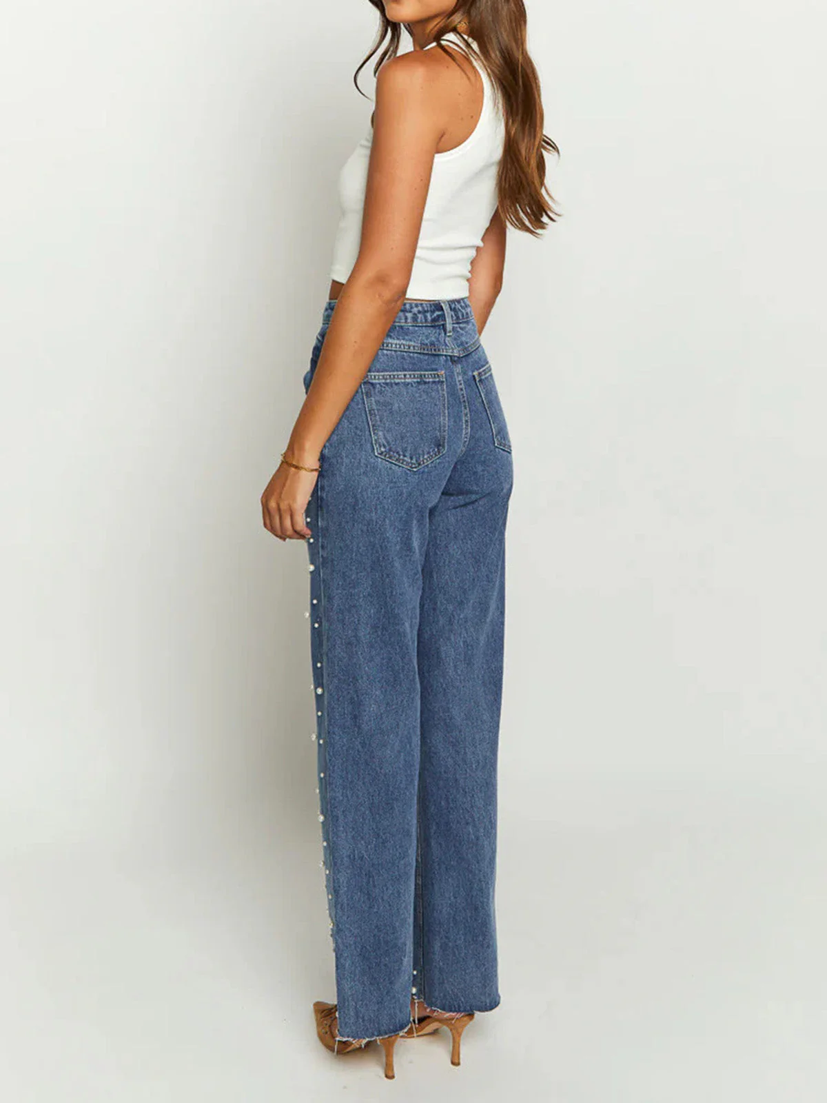 Blue 1960s Pearl Straight Leg Raw Hem Denim Pants - Image 2