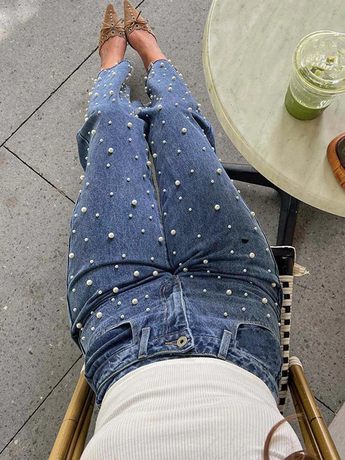 Blue 1960s Pearl Straight Leg Raw Hem Denim Pants - Image 4
