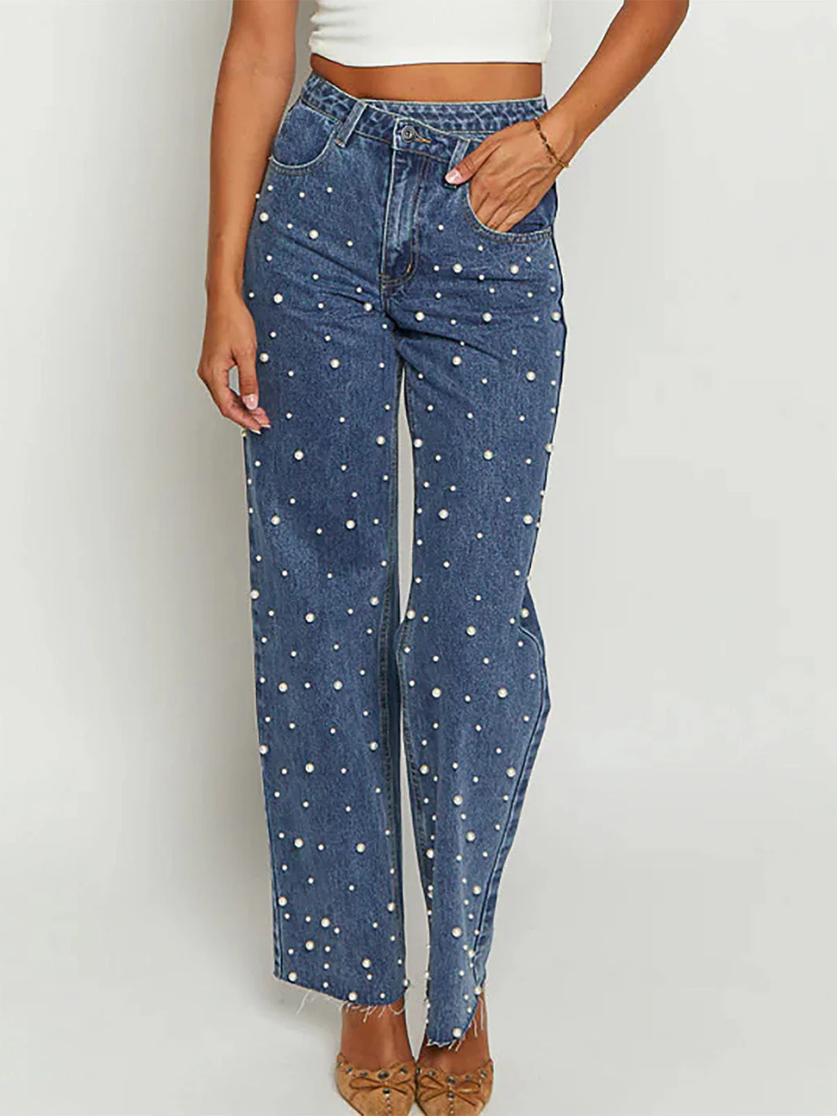 Blue 1960s Pearl Straight Leg Raw Hem Denim Pants - Image 5