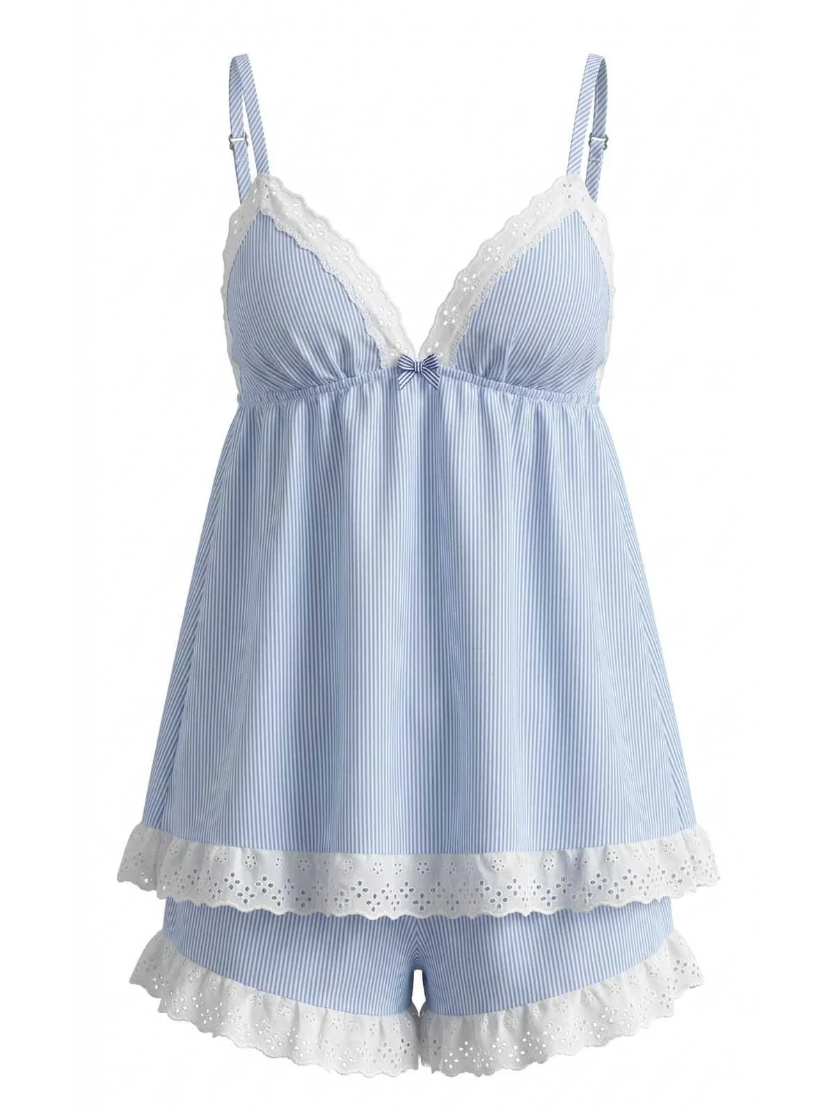 Blue 1960s Pinstripe Lace Trim Babydoll Pajama Set - Image 2