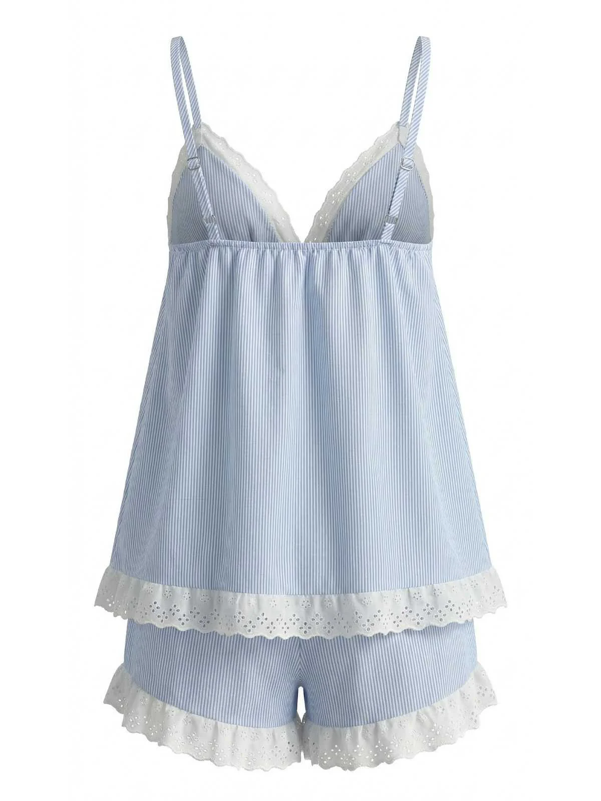 Blue 1960s Pinstripe Lace Trim Babydoll Pajama Set - Image 3