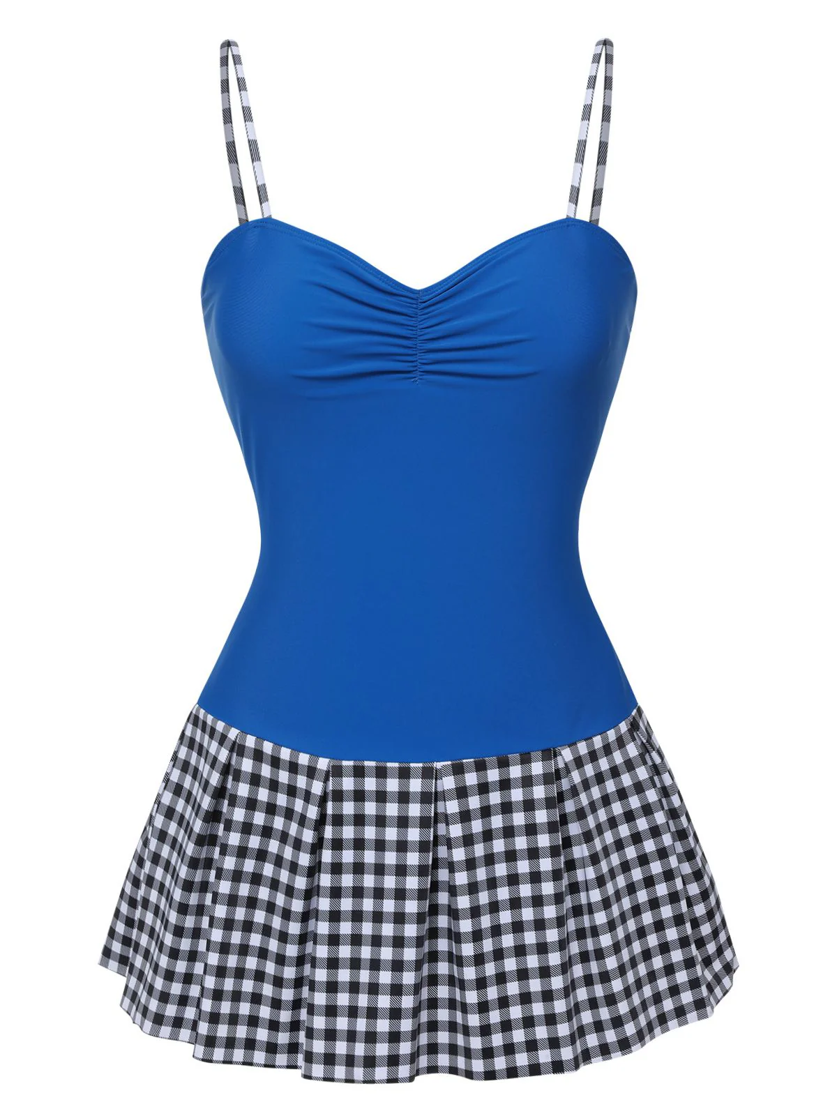 Blue 1960s Plaid Patchwork Strap Swimsuit - Image 2