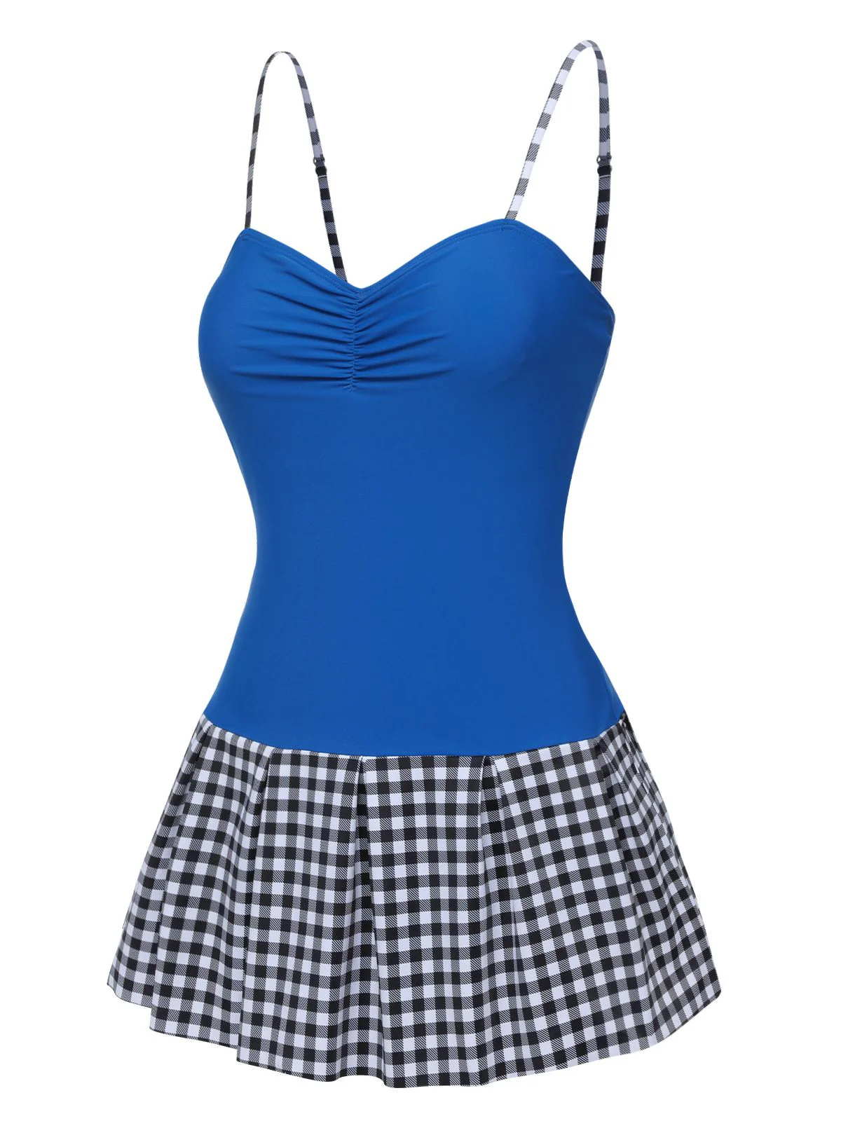 Blue 1960s Plaid Patchwork Strap Swimsuit - Image 3