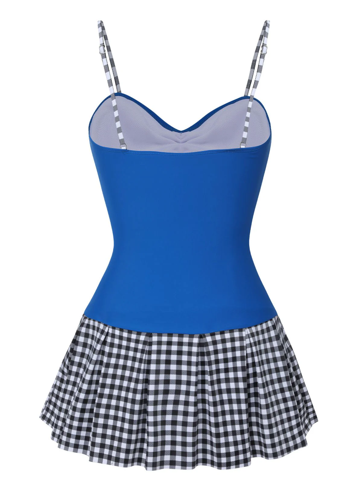 Blue 1960s Plaid Patchwork Strap Swimsuit - Image 4