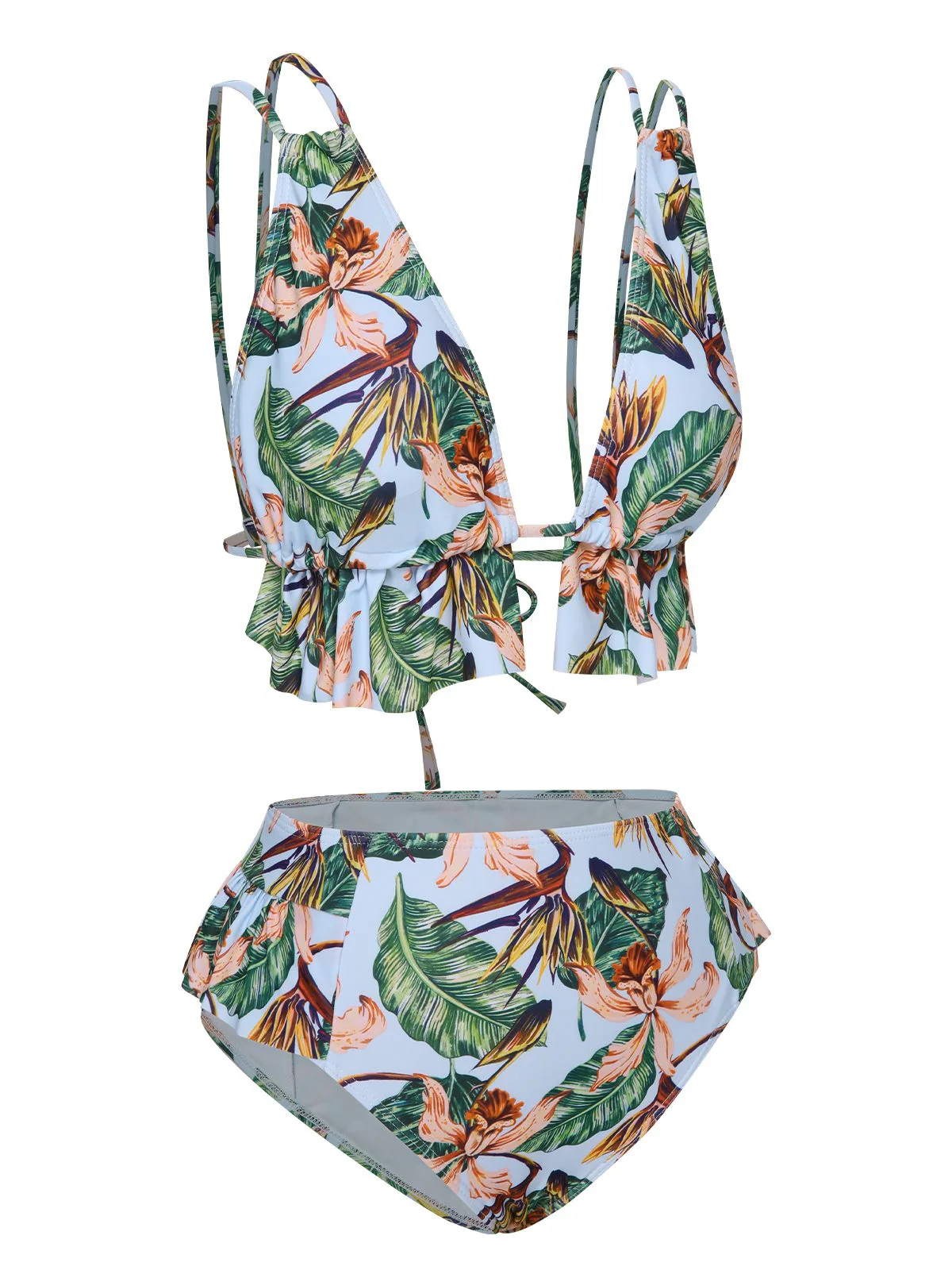 Blue 1960s Plants Back Tie Ruffles Swimsuit - Image 2