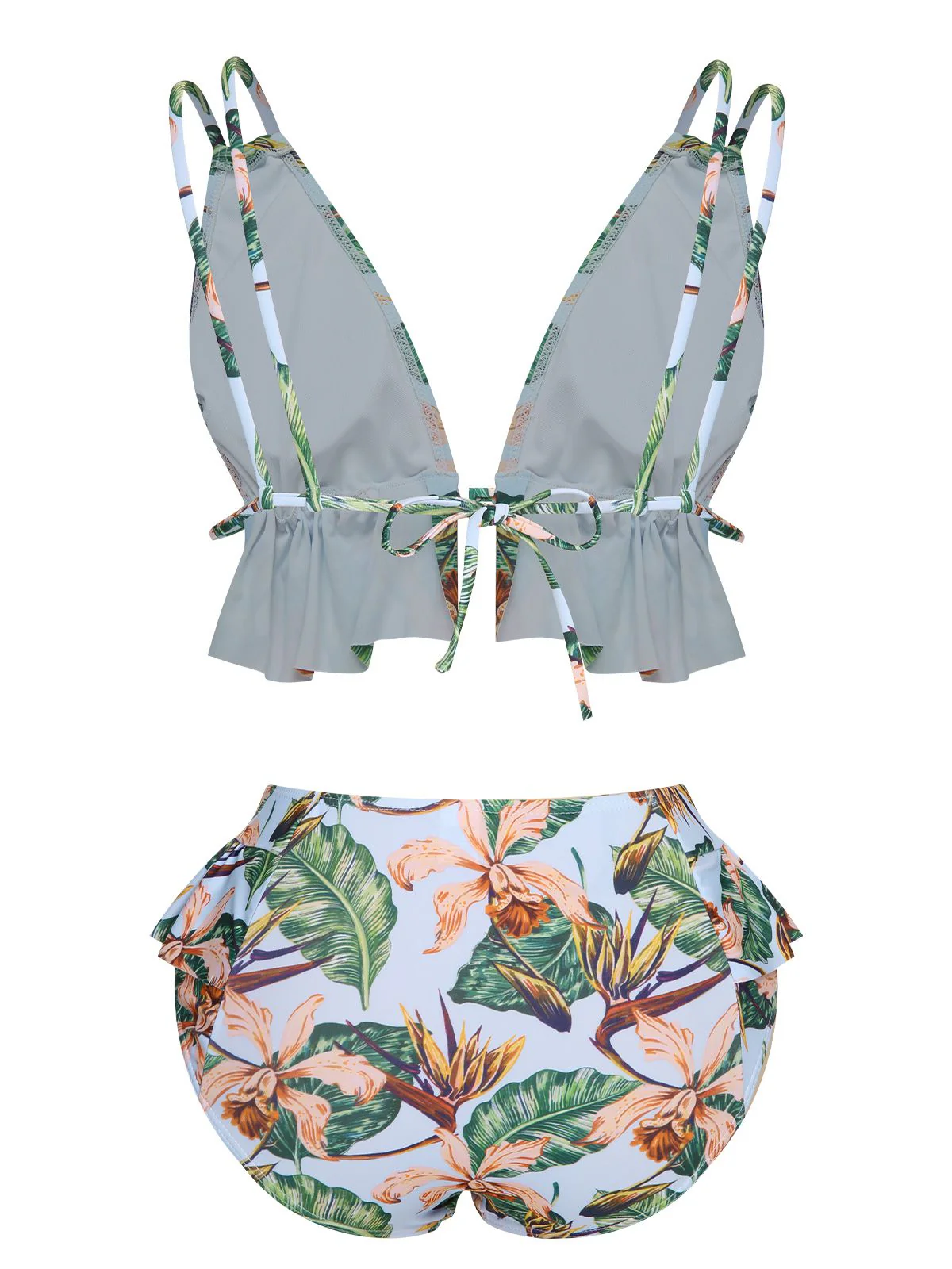 Blue 1960s Plants Back Tie Ruffles Swimsuit - Image 3
