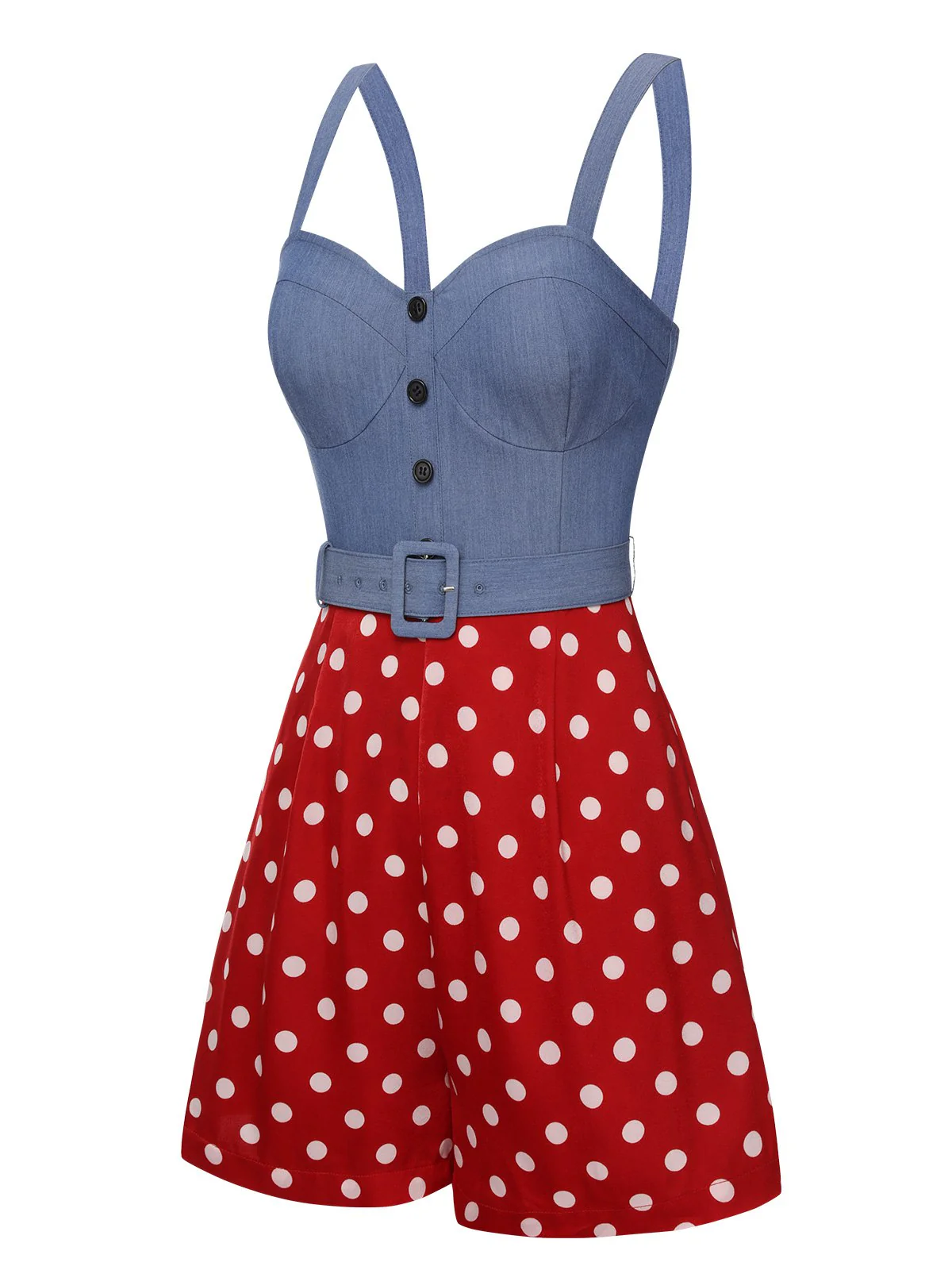 Blue 1960s Polka Dots Spaghetti Straps Romper - Image 3