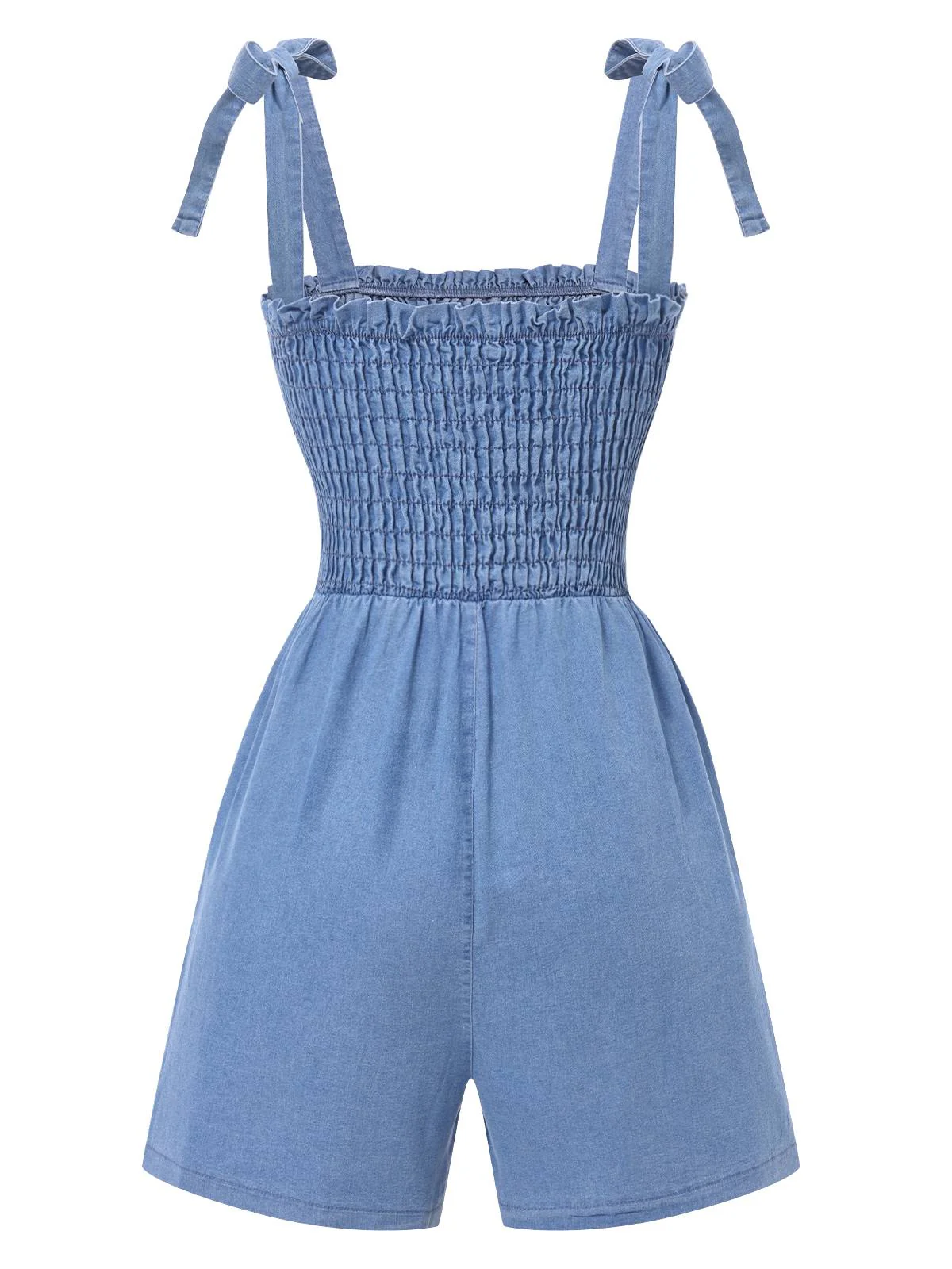 Blue 1960s Shoulder Tie Smocked Denim Romper - Image 2
