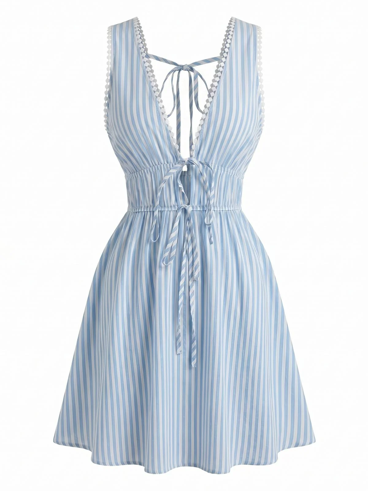 Blue 1960s Sleeveless Deep V-Neck Backless Striped Dress - Image 2