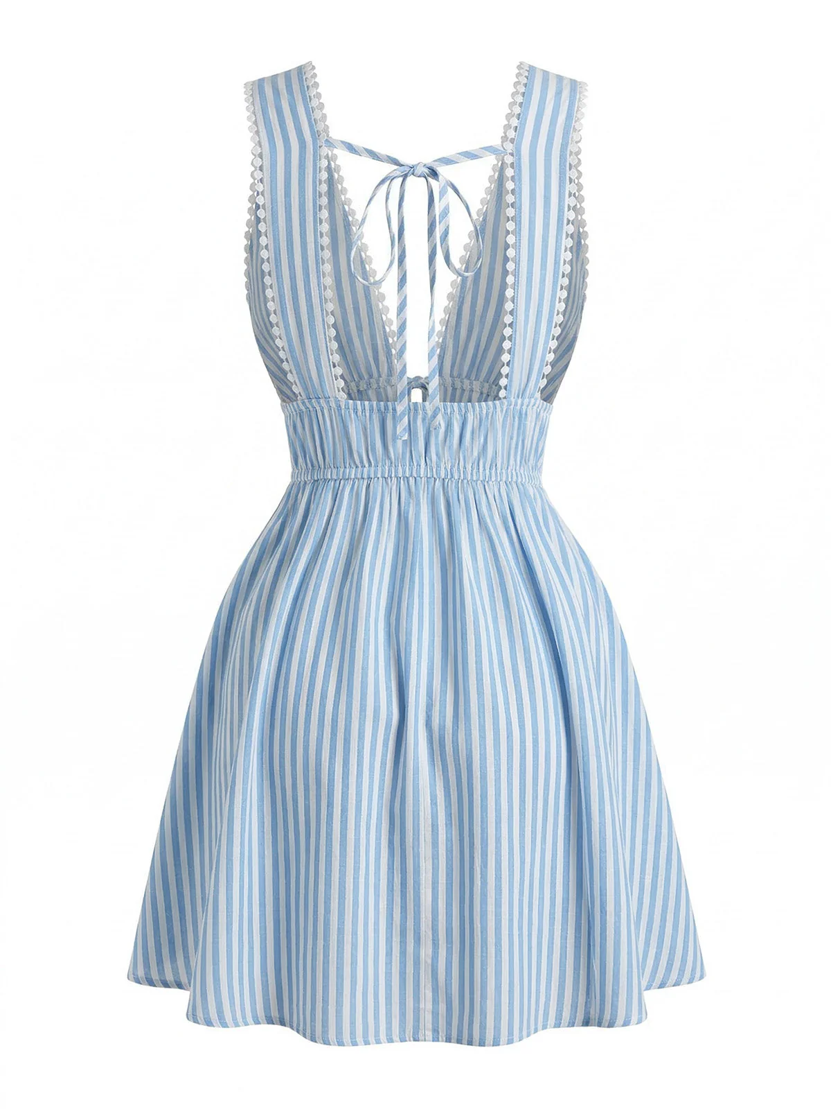 Blue 1960s Sleeveless Deep V-Neck Backless Striped Dress - Image 3