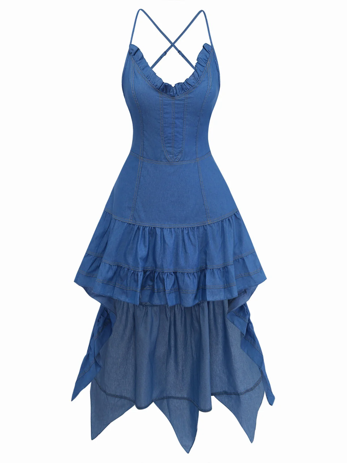 Blue 1960s Spaghetti Strap Denim High-Low Dress - Image 2