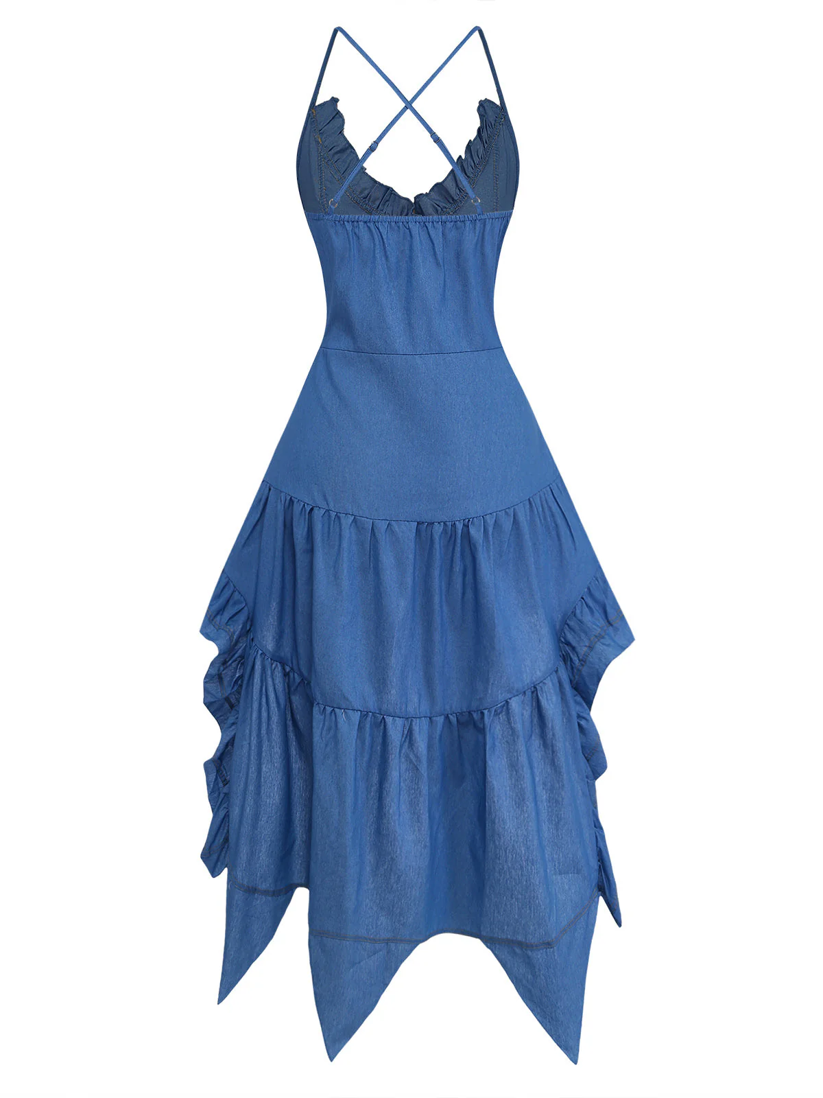 Blue 1960s Spaghetti Strap Denim High-Low Dress - Image 3