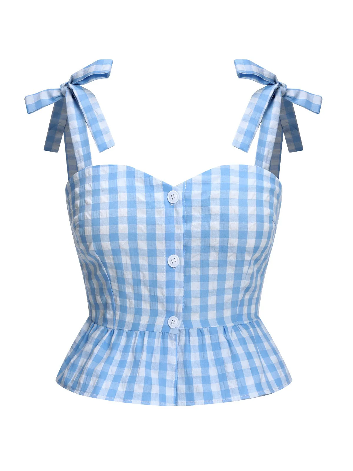 Blue 1960s Straps Plaid Ruffled Hem Tops - Image 2