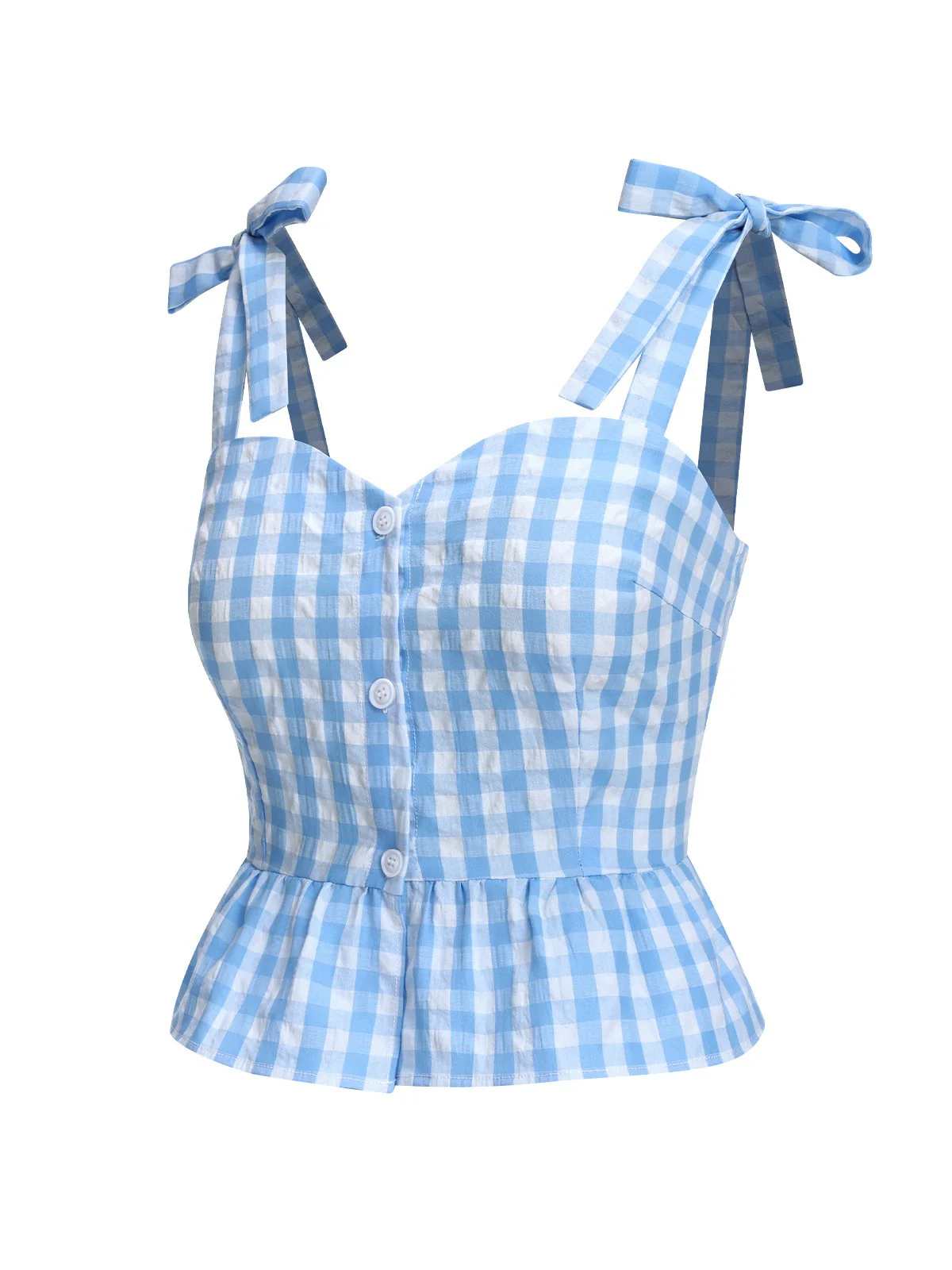 Blue 1960s Straps Plaid Ruffled Hem Tops - Image 3