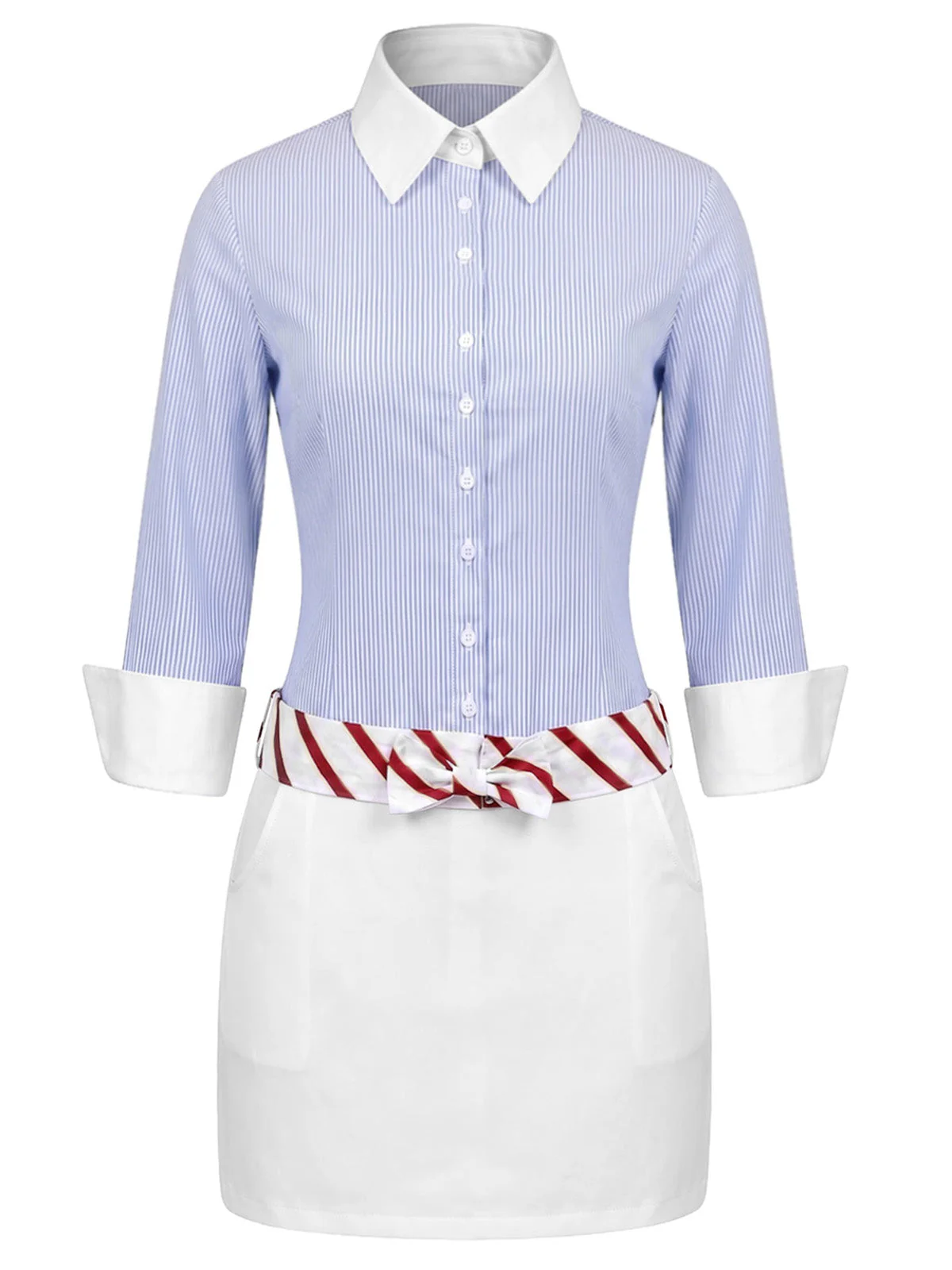 [Pre-Sale] Blue 1960s Striped 3/4 Sleeve Faux Two-Piece Lapel Dress - Image 2