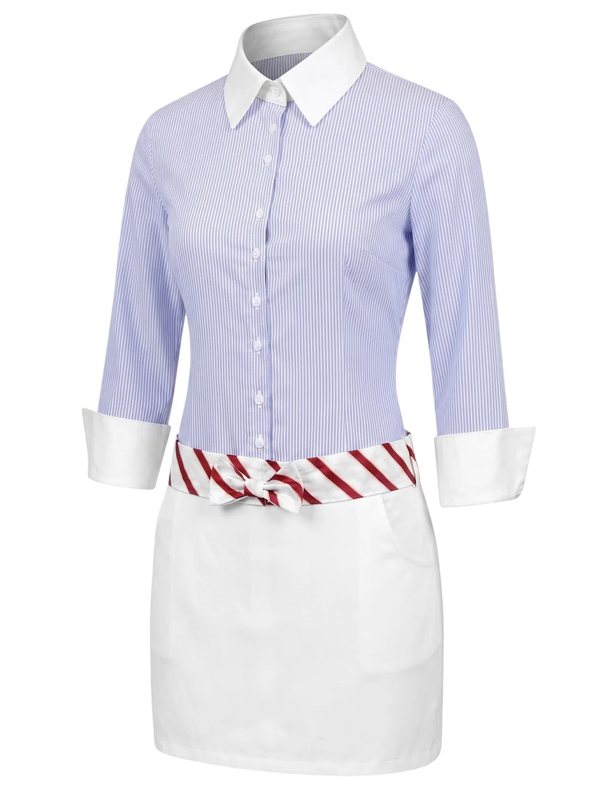 [Pre-Sale] Blue 1960s Striped 3/4 Sleeve Faux Two-Piece Lapel Dress - Image 3