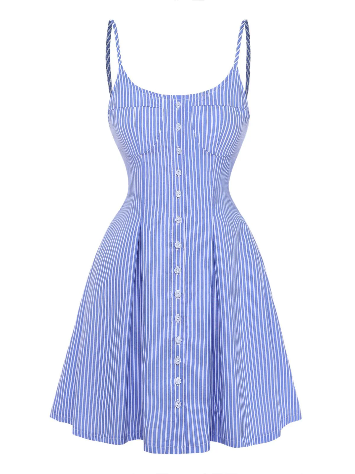 Blue 1960s Striped Buttons Spaghetti Strap A-Line Dress - Image 2