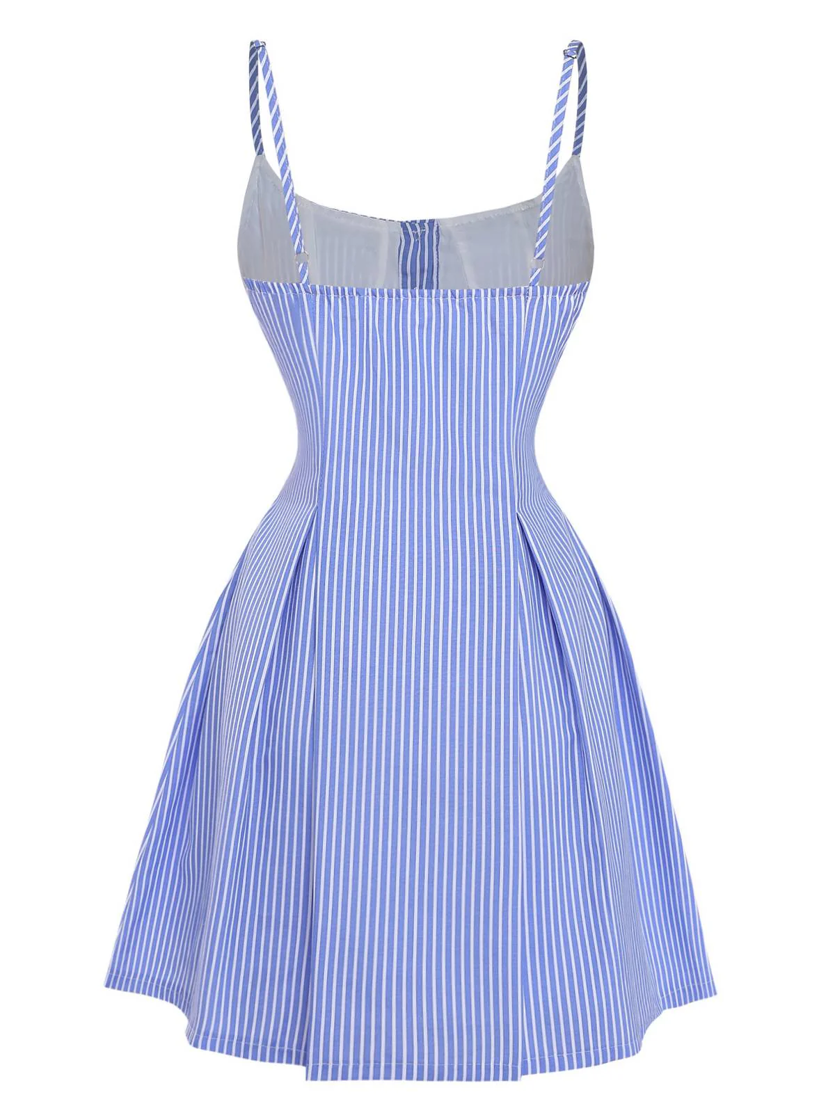 Blue 1960s Striped Buttons Spaghetti Strap A-Line Dress - Image 3