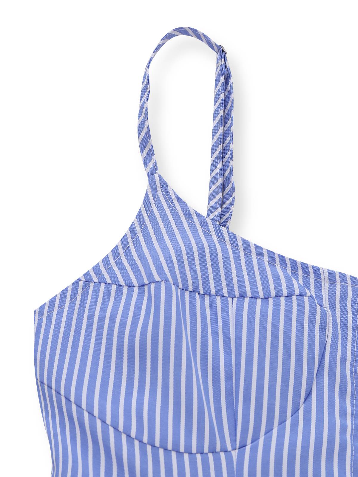 Blue 1960s Striped Buttons Spaghetti Strap A-Line Dress - Image 4
