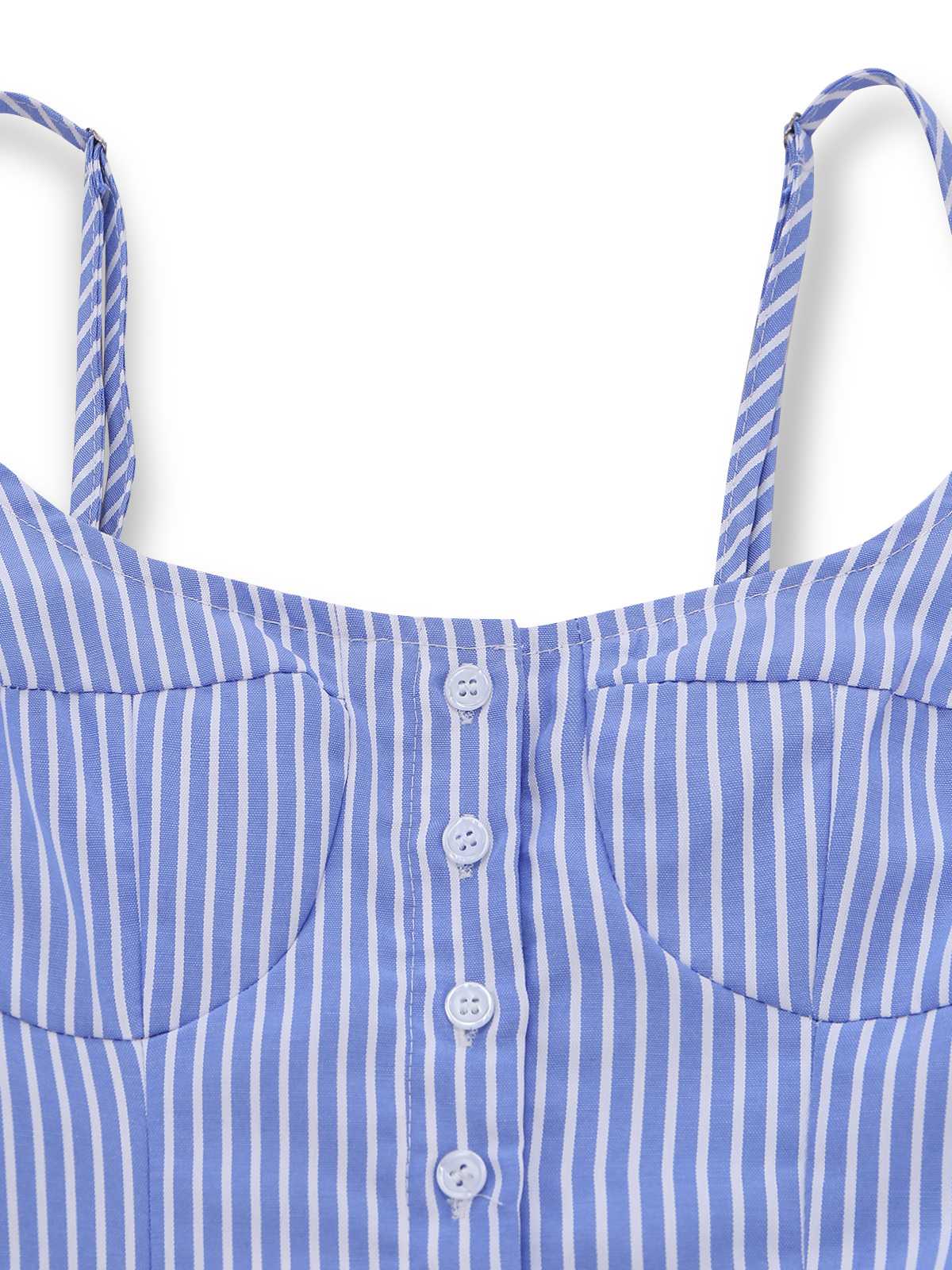 Blue 1960s Striped Buttons Spaghetti Strap A-Line Dress - Image 5