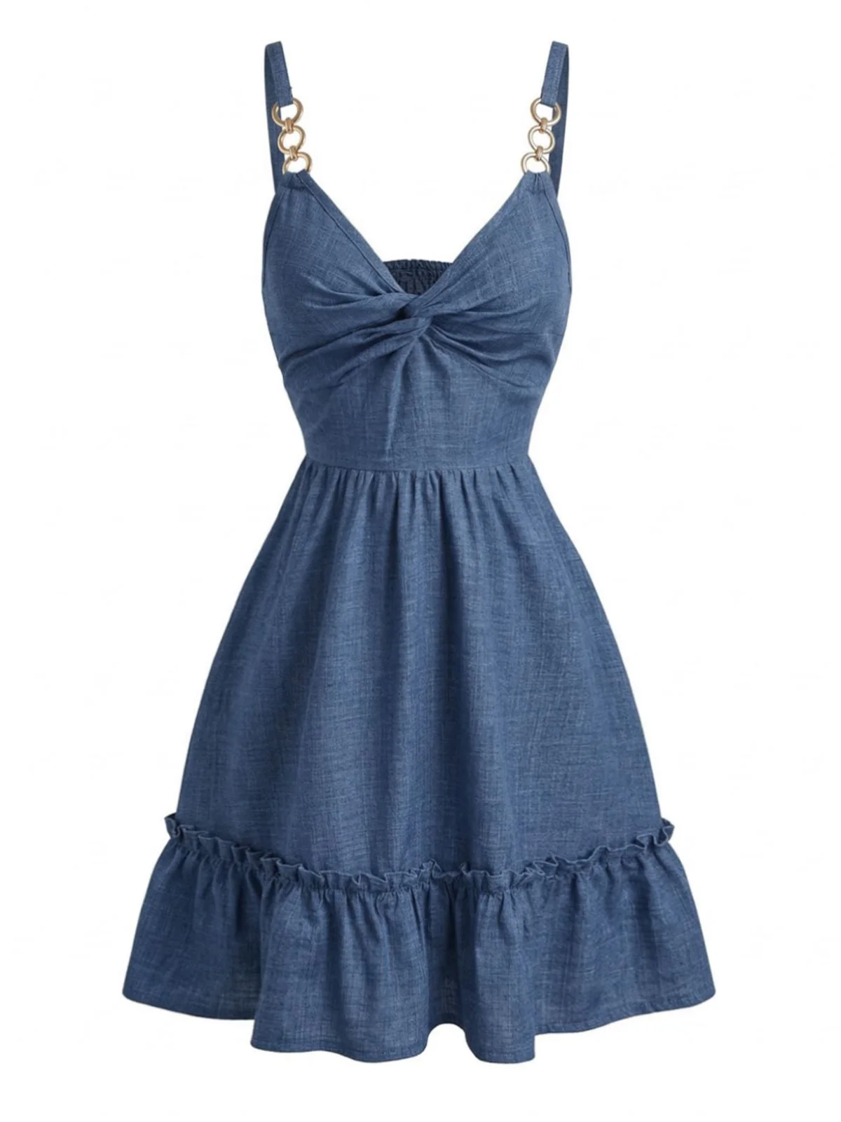 Blue 1960s Twist Knot Spaghetti Strap Ruffled Dress - Image 3