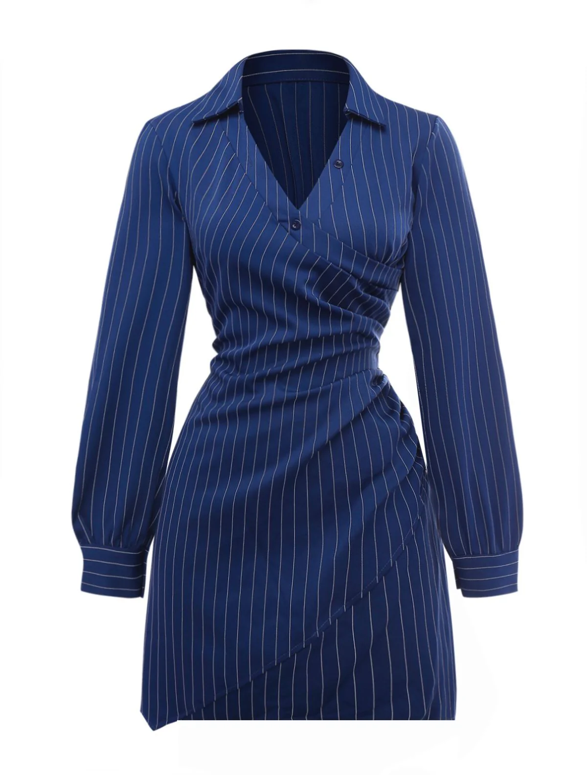 Blue 1960s V-Neck Wrap Striped Shirt Dress - Image 2