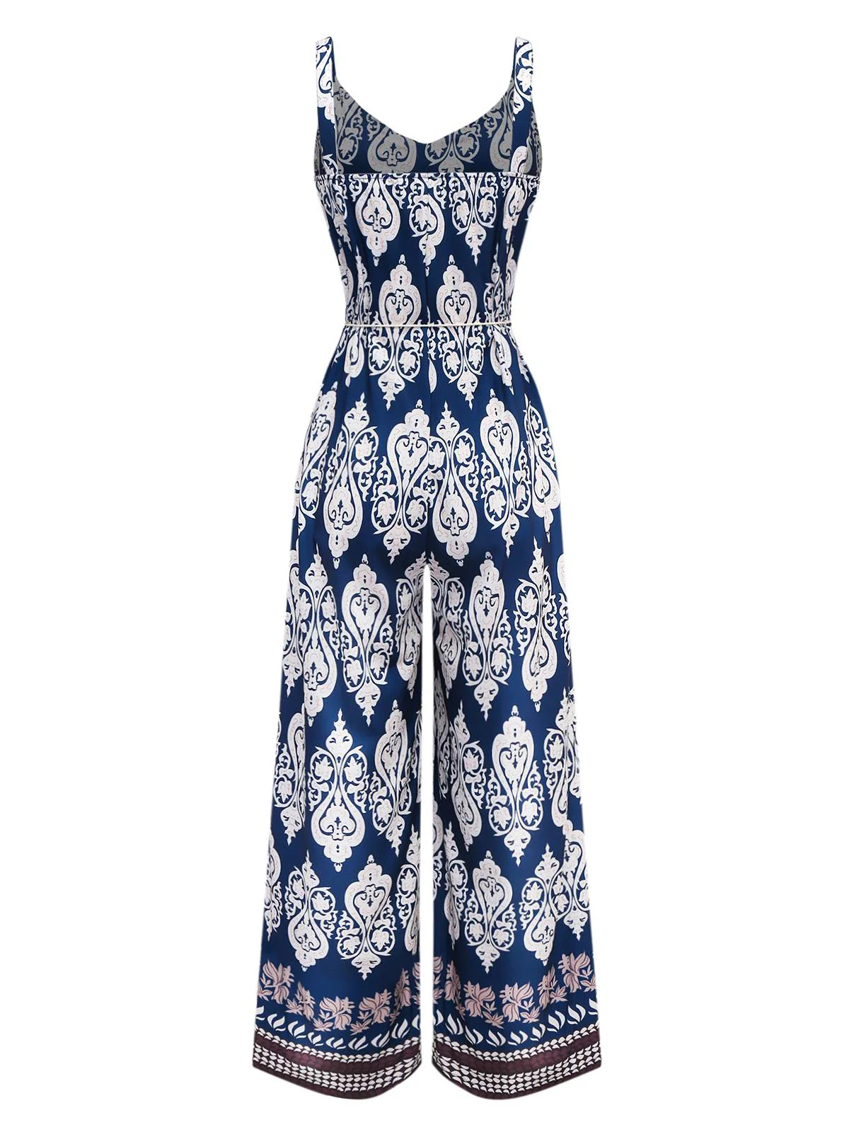Blue 1970s Boho Ethnic Print Strap Belted Jumpsuit - Image 2
