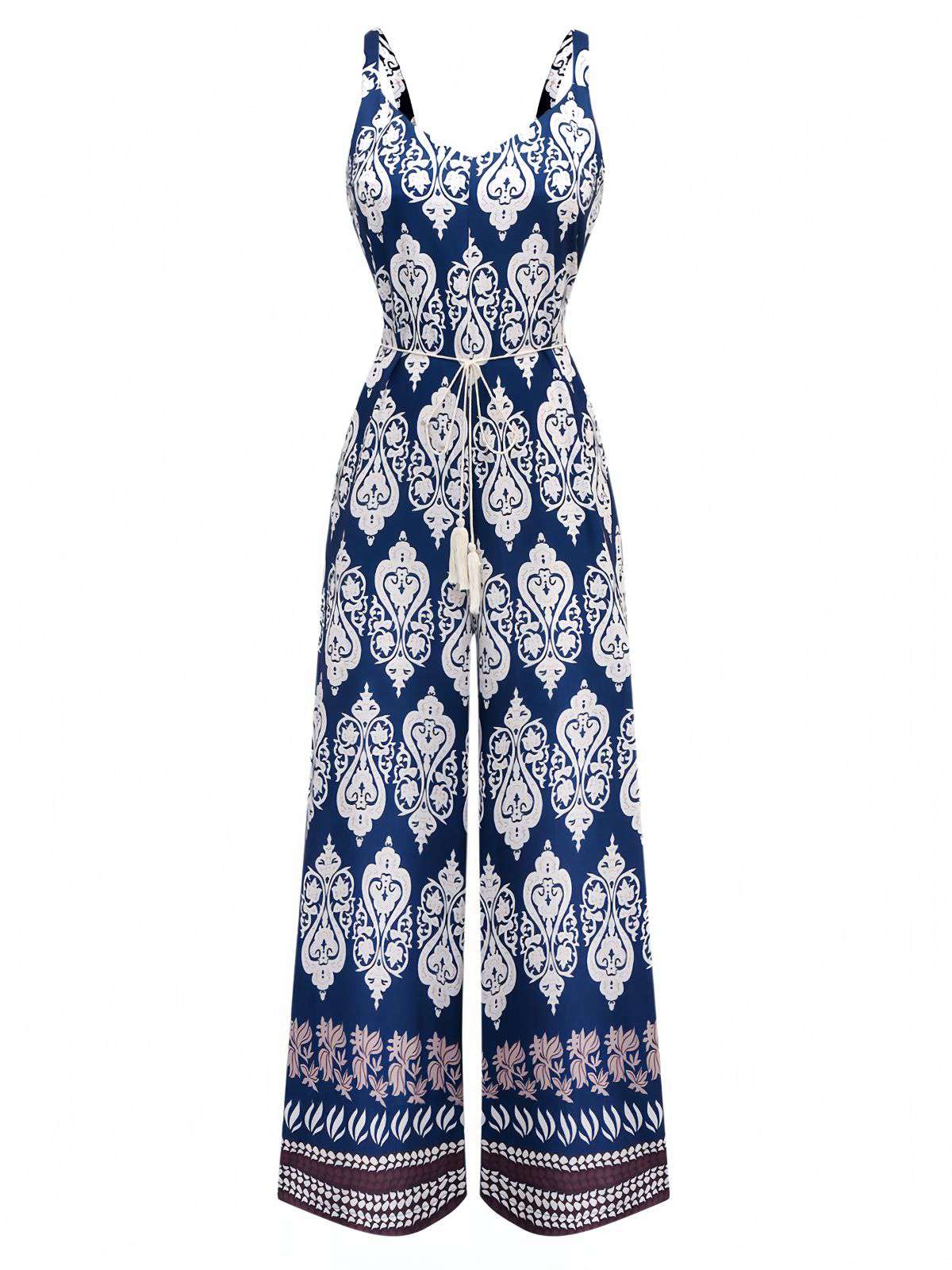 Blue 1970s Boho Ethnic Print Strap Belted Jumpsuit - Image 6