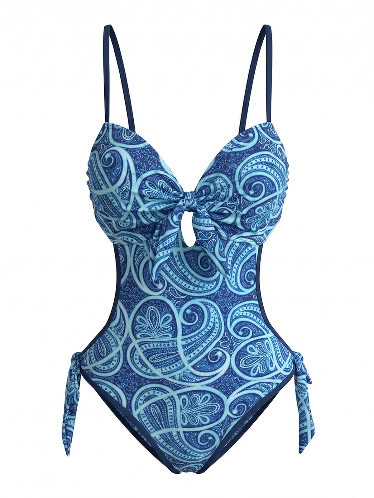 Blue 1970s Boho Paisley Print Cutout One-Piece Swimsuit - Image 2
