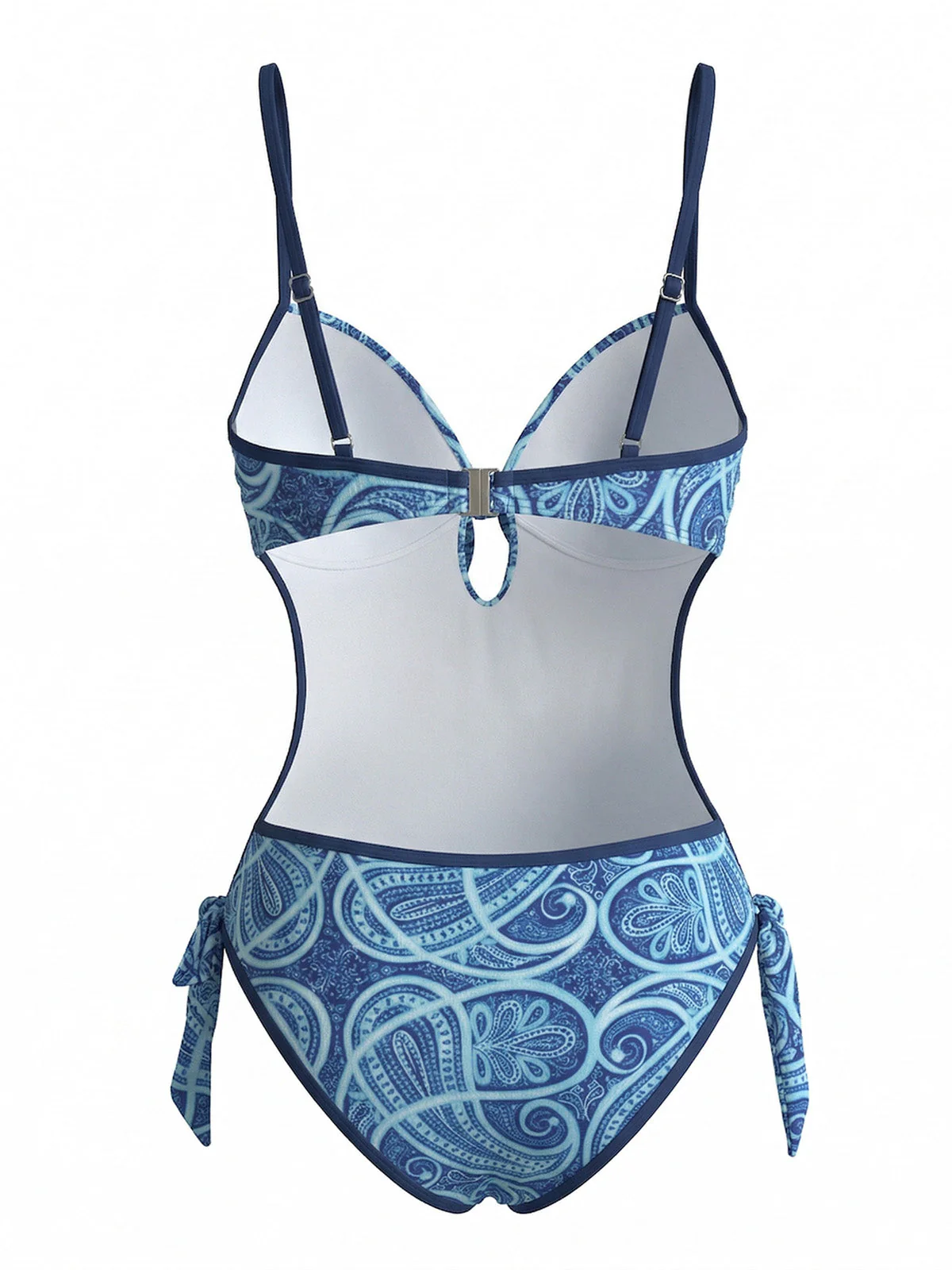 Blue 1970s Boho Paisley Print Cutout One-Piece Swimsuit - Image 3