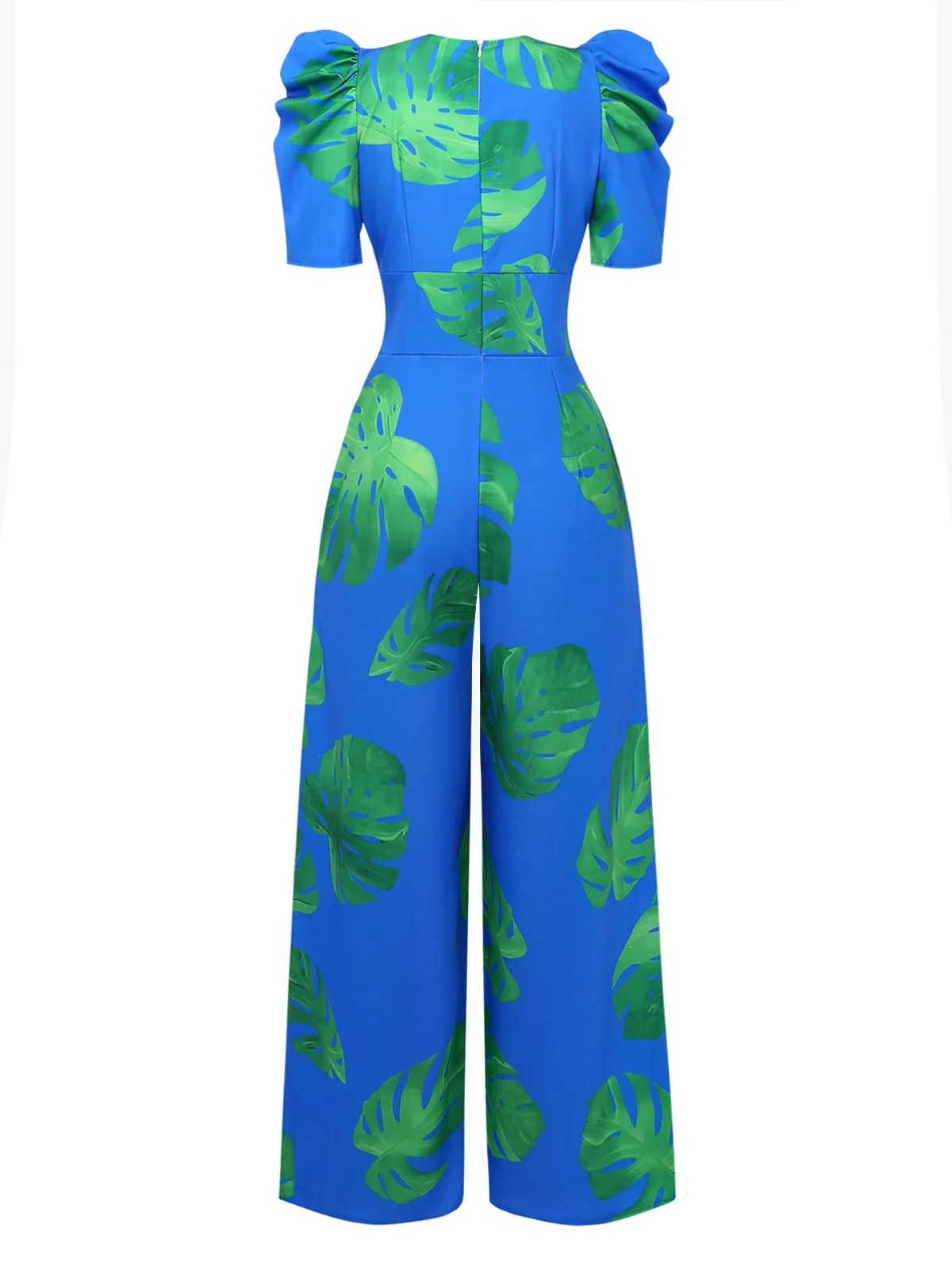 Blue 1970s Boho V-Neck Tropical Palm Leaf Jumpsuit - Image 2