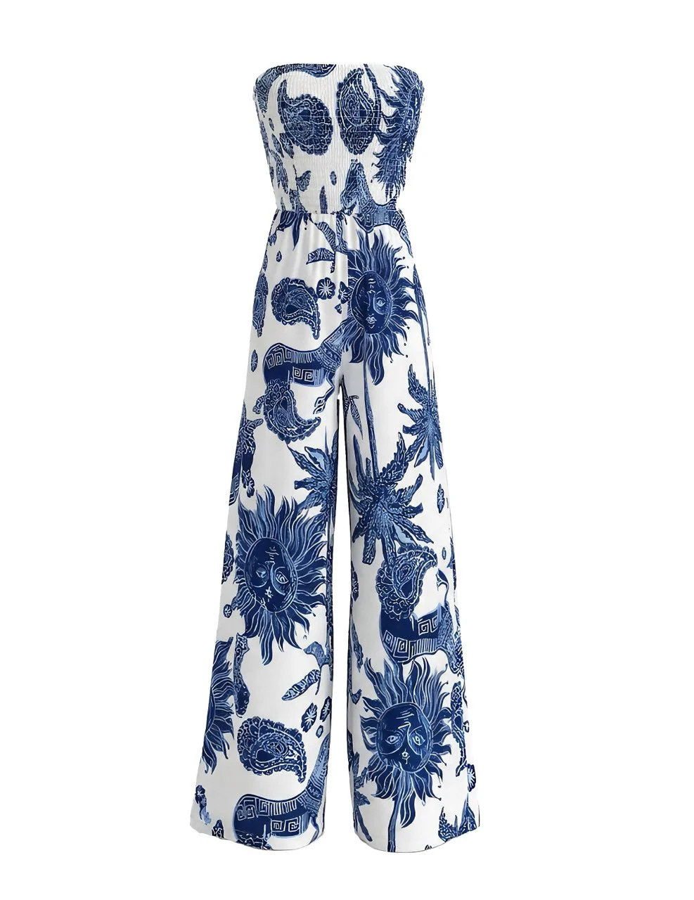 Blue 1970s Celestial Sun Print Smocked Strapless Jumpsuit - Image 2
