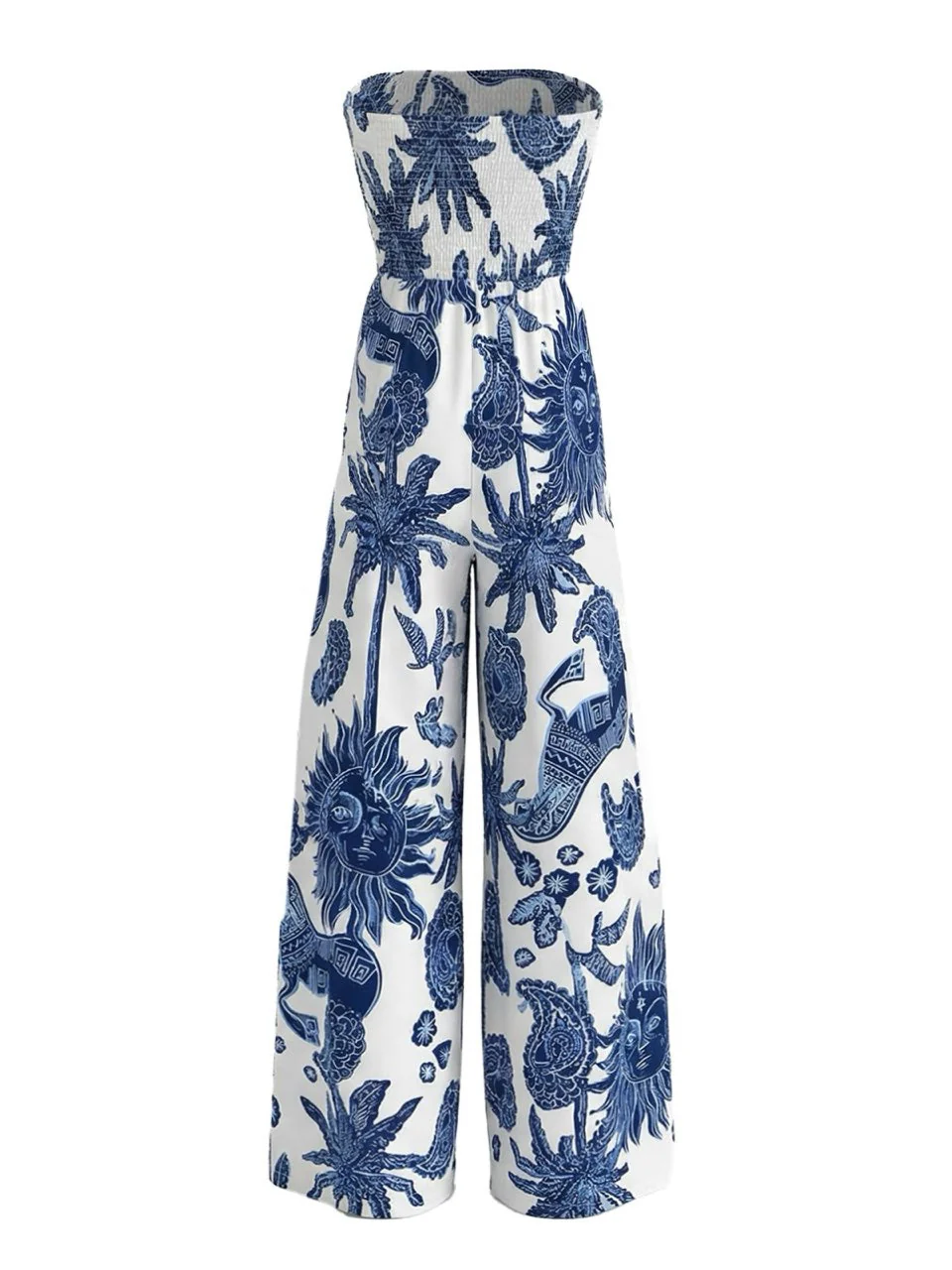 Blue 1970s Celestial Sun Print Smocked Strapless Jumpsuit - Image 3
